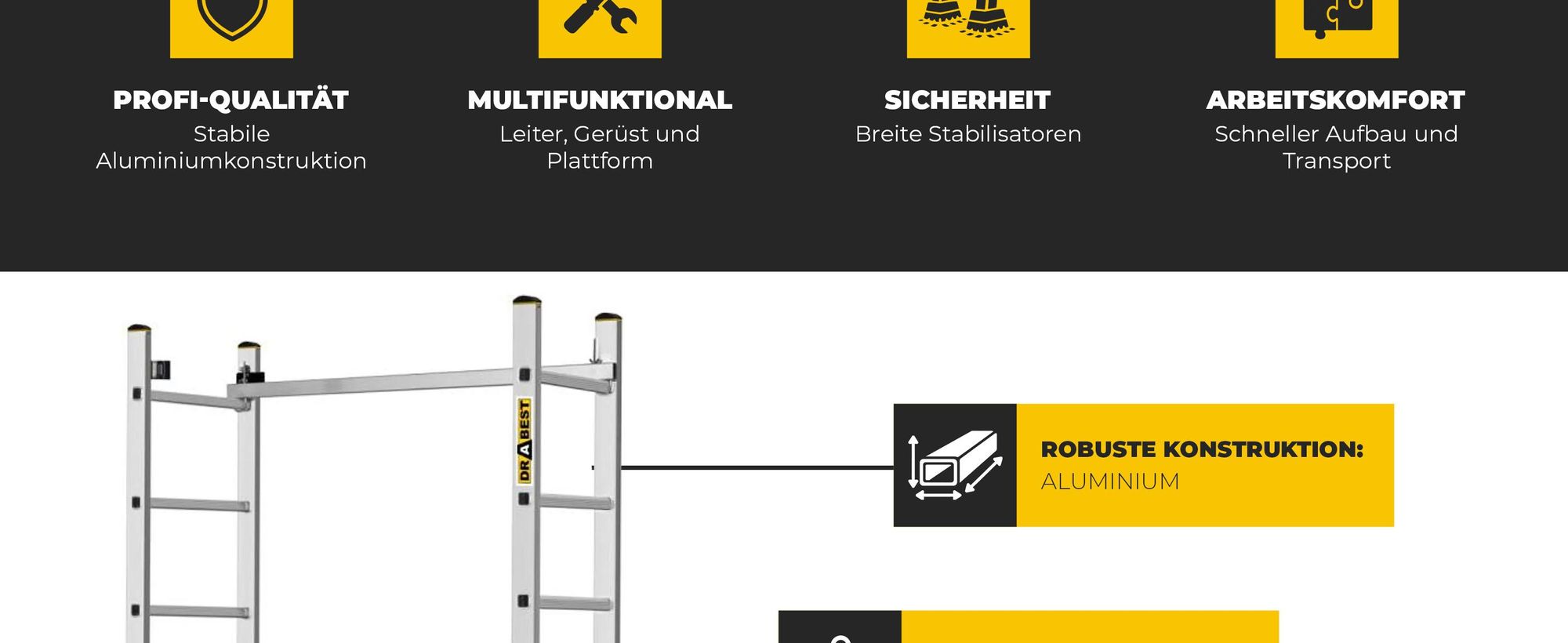 Drabest | Aluminiumgerüst - Aluminiumgerüst 2X8 - Leitergerüst - Tragfähigkeit der Plattform: 150 kg - Abmessungen der Plattform 46X150 CM