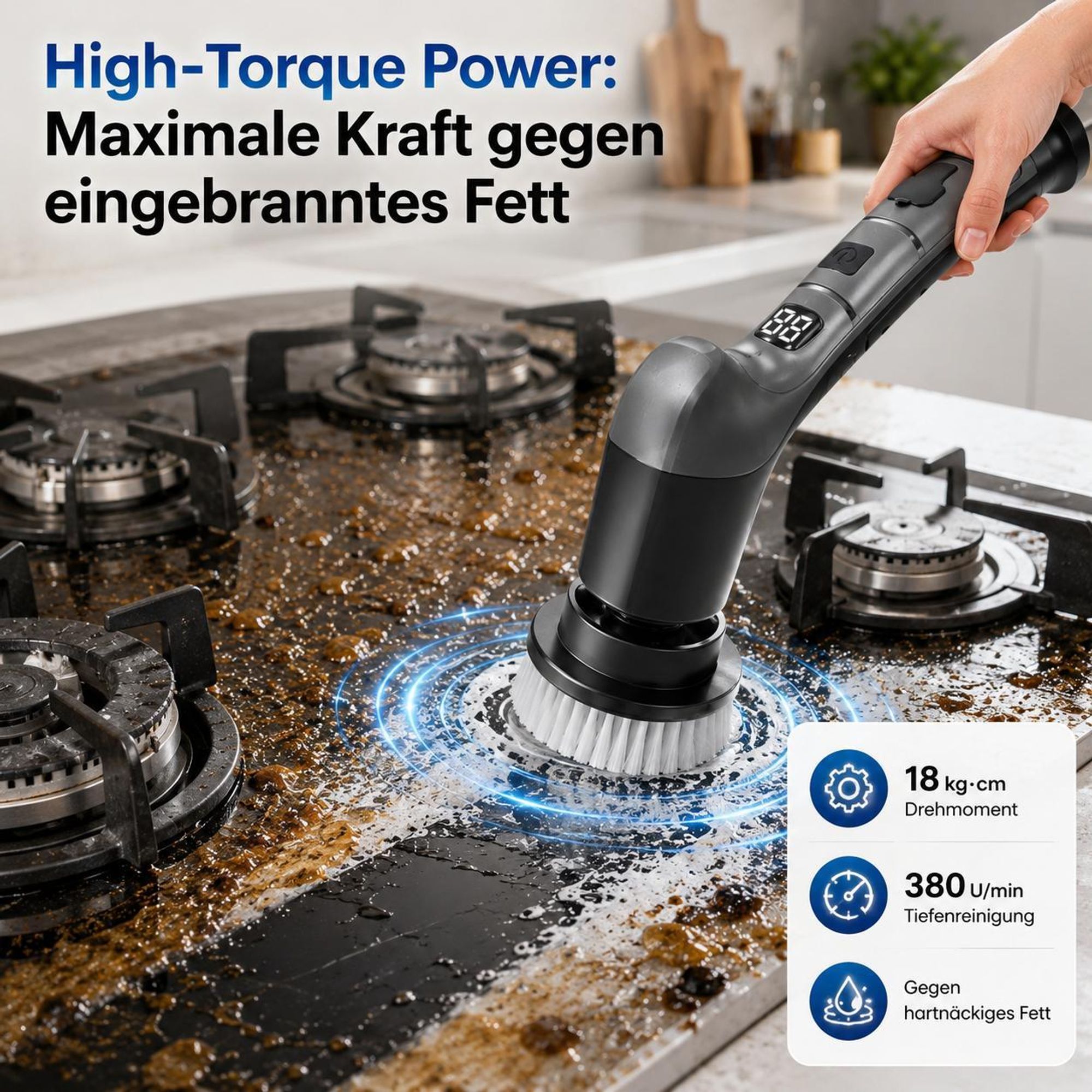 Elektrische Reinigungsbürste Bad Küche Auto Fußboden Spin Scrubber Mit 3 Geschwindigkeiten– 8 Bürstenköpfe, 100 Min. Akku, Teleskopstiel (28-119cm)