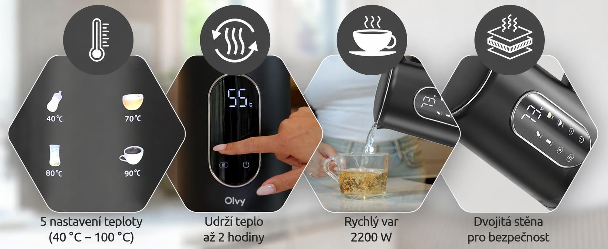 Rychlovarná konvice Olvy s nastavením teploty 1,7 l - LCD displej, 2200 W, bez BPA, funkce udržování teploty, filtr proti vodnímu kameni, volba teploty 40-100°, nerezová ocel