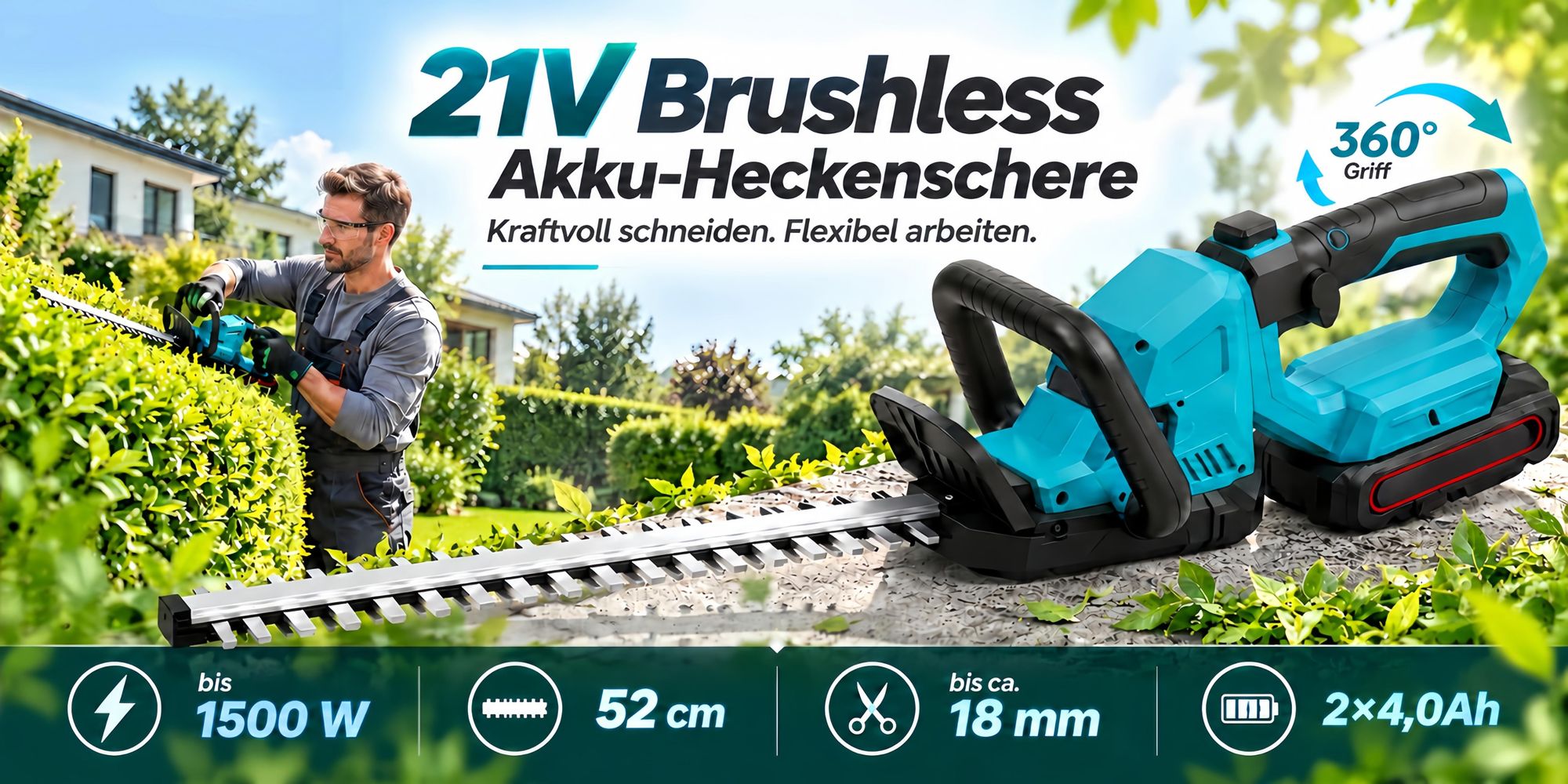 1500W Akku-Heckenschere 21V Brushless, 52 cm Messer, 2×4,0Ah Akkus, 360° Drehgriff, bis 18 mm Schnittstärke