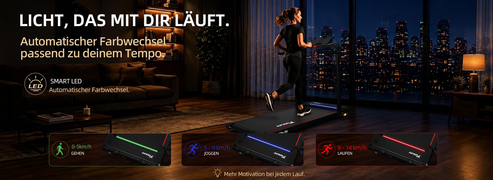 Automatischer LED-Farbwechsel passt sich deinem Tempo an und sorgt für mehr Motivation.