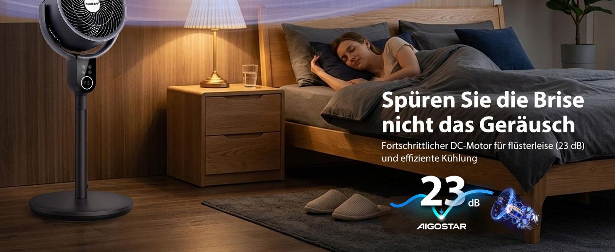 Aigostar 2-in-1 Luftumwälzer Standventilator, DC-Motor, 3D-Oszillation, 8 Stufen, leise 23dB, 12H-Timer, Fernbedienung, höhenverstellbar 80-105cm