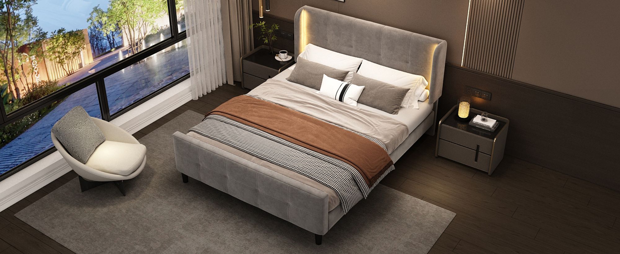 MODFU Polsterbett Funktionelles 140x200 mit Matratze,Doppelbett Jugendbett mit 16-farbiger LED-Beleuchtung und Verstellbares Kopfteil,Samt,Grau