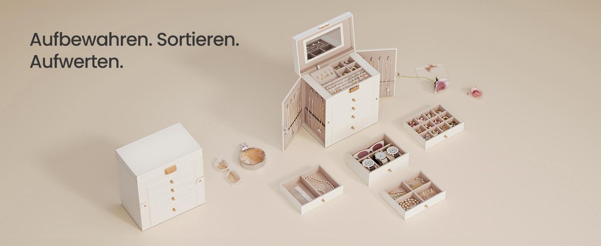 SONGMICS Schmuckbox mit 5 Ebenen, Schmuckkasten, mit Innenspiegel, abschließbar, weiß