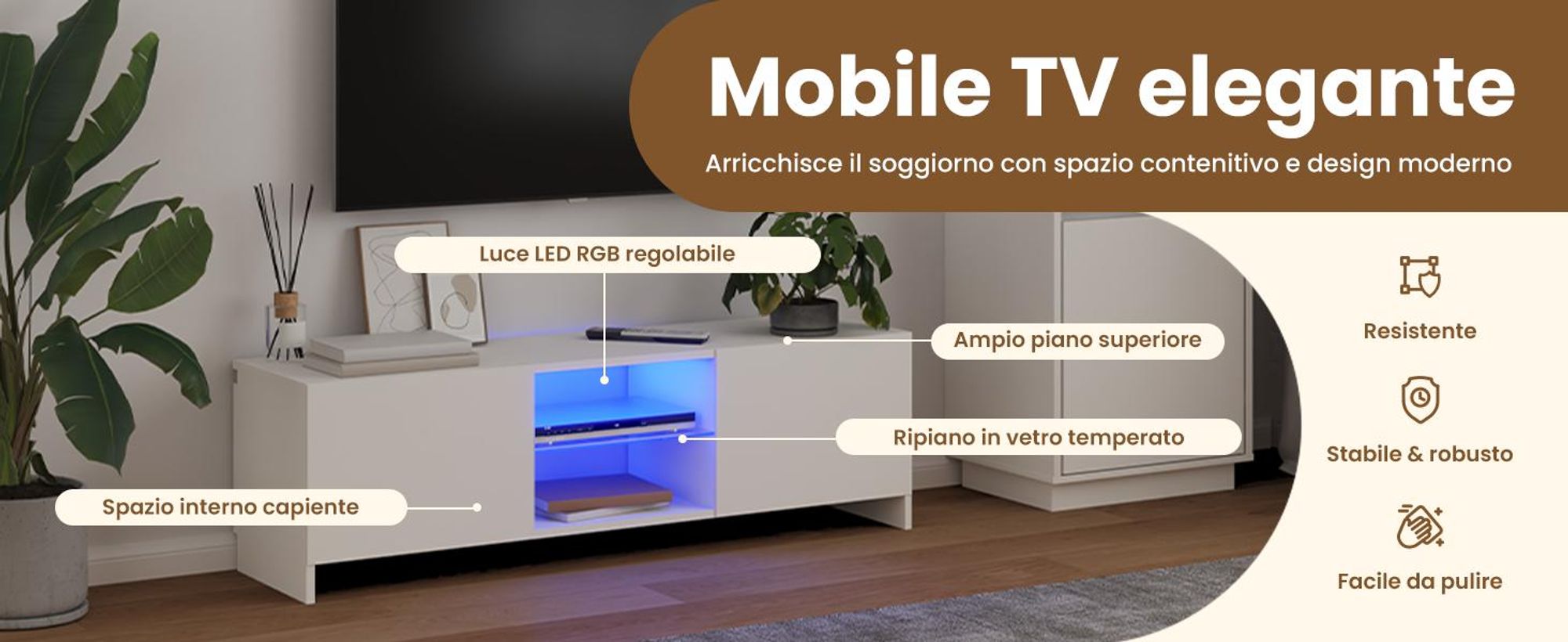 Mobile TV con luci LED bianco 120x30x35,5 cm