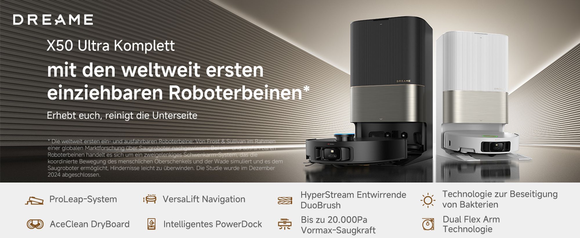 Dreame X50 Ultra Complete Staubsauger Roboter mit Wischfunktion,20KPa Saugkraft,6cm Hindernisfreiheit,Hebarem Wischmopp,360°-Navigation,KI-Vermeidung