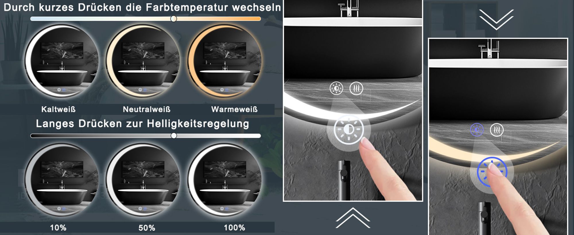 ZMH Spiegellampe mit Beleuchtung Wandspiegel Rund 50cm LED mirror Touch Schalter und Entfogger Funktion Spiegel Lichtspiegel Dimmbar für Badezimmer