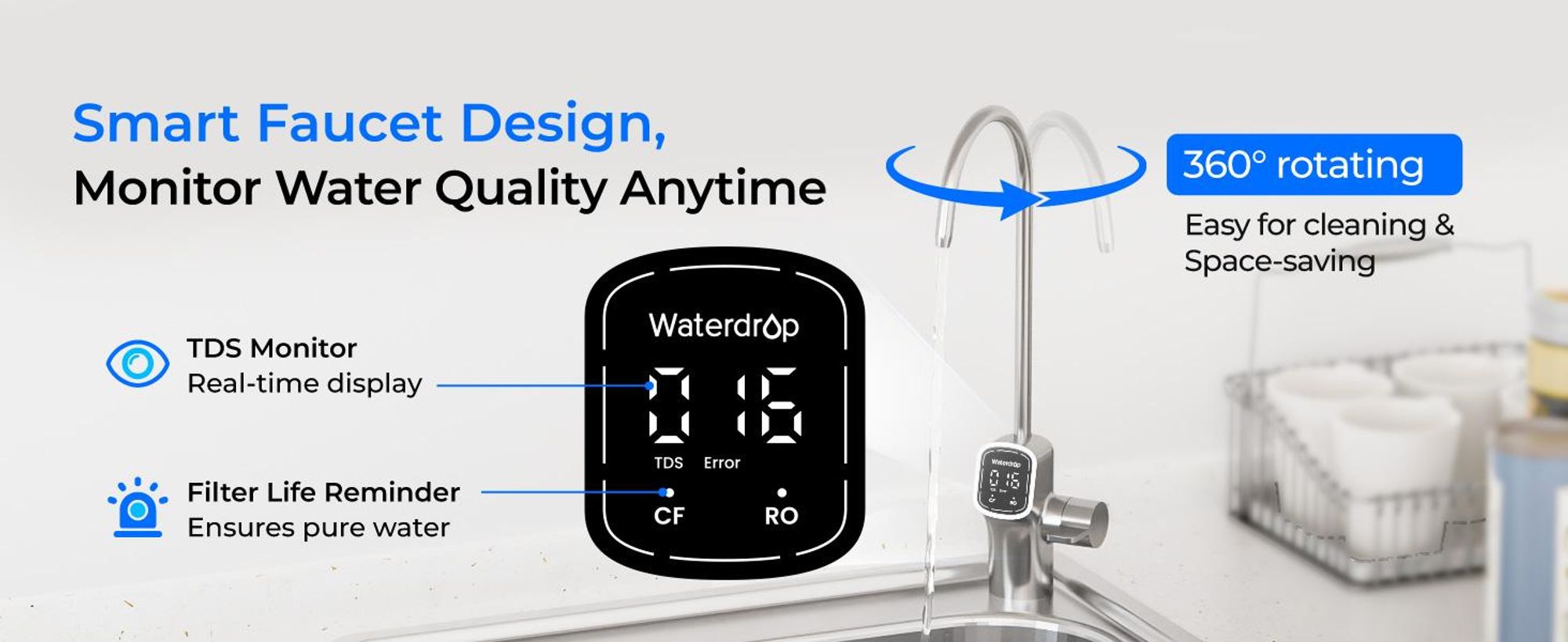Waterdrop G5P700A Alkalischer Mineral-pH+ Umkehrosmose-Wasserfilter, 700G Umkehrosmosesystem, 8-Stufige RO-Wasserfiltersystem, 2:1 Pure to Drain