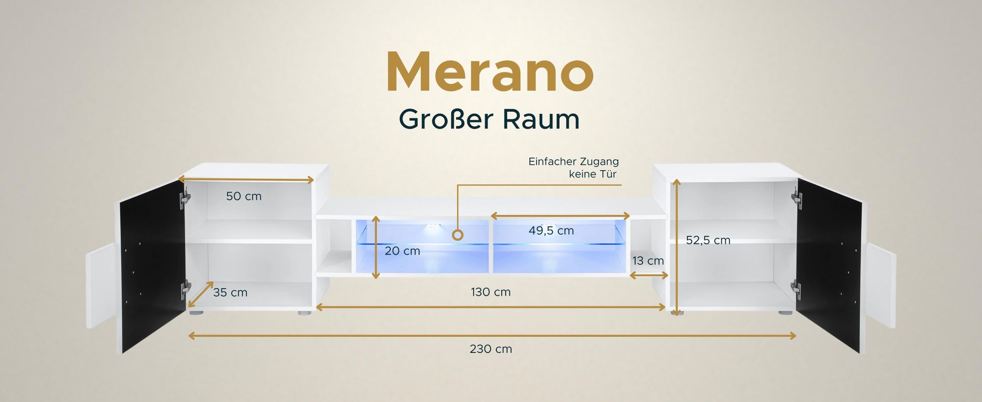 Komodee | TV-Schrank mit 2 Türen Merano | Korpus Schwarz Matt Frontfarbe Wotan und Schwarz , LED RGB