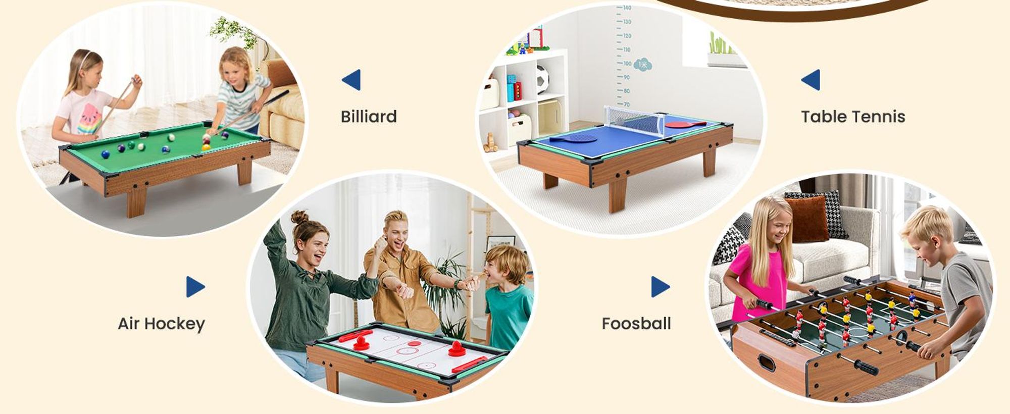 COSTWAY 4 in 1 Spieltisch, Billardtisch & Tischtennistisch & Air Hockeytisch & Tischkicker, Multifunktionsspieltisch aus Holz, für Kinder & Erwachsene
