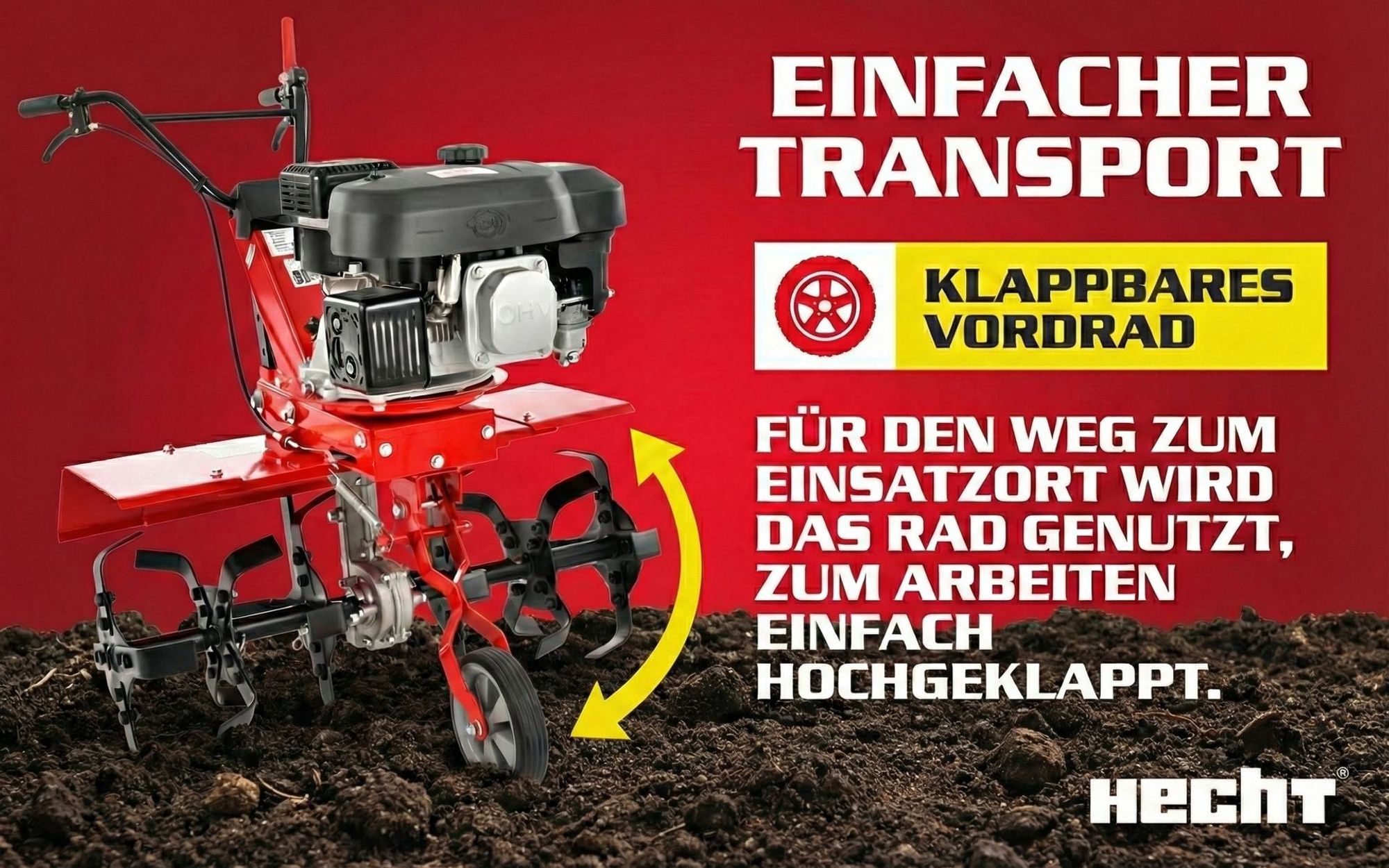 Motorhacke Gartenfräse Benzin HECHT 747 | 60 cm Arbeitsbreite | 25 Arbeitstiefe | 3kW / 4,08PS | 173 cm³ | Führungsrad