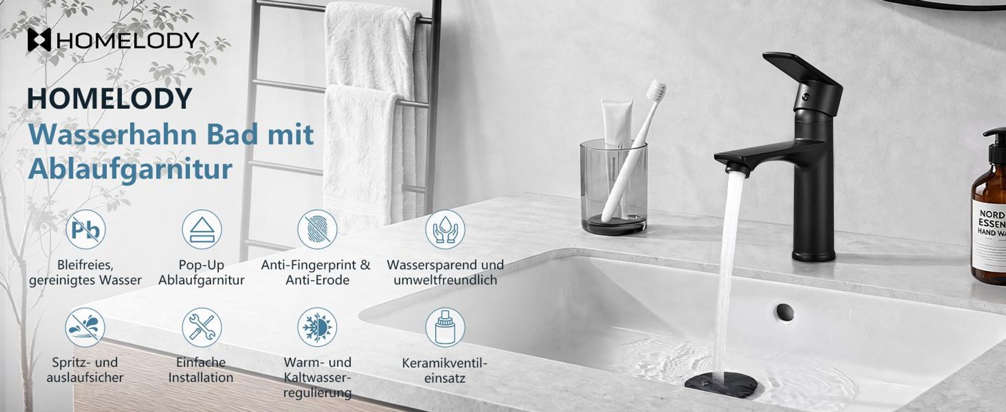 Homelody Wasserhahn Bad Schwarz +Universal Ablaufgarnitur Schwarz, Armatur Mischbatterie Waschbeckenarmatur mit Pop-Up Ventil Edelstahl Messing