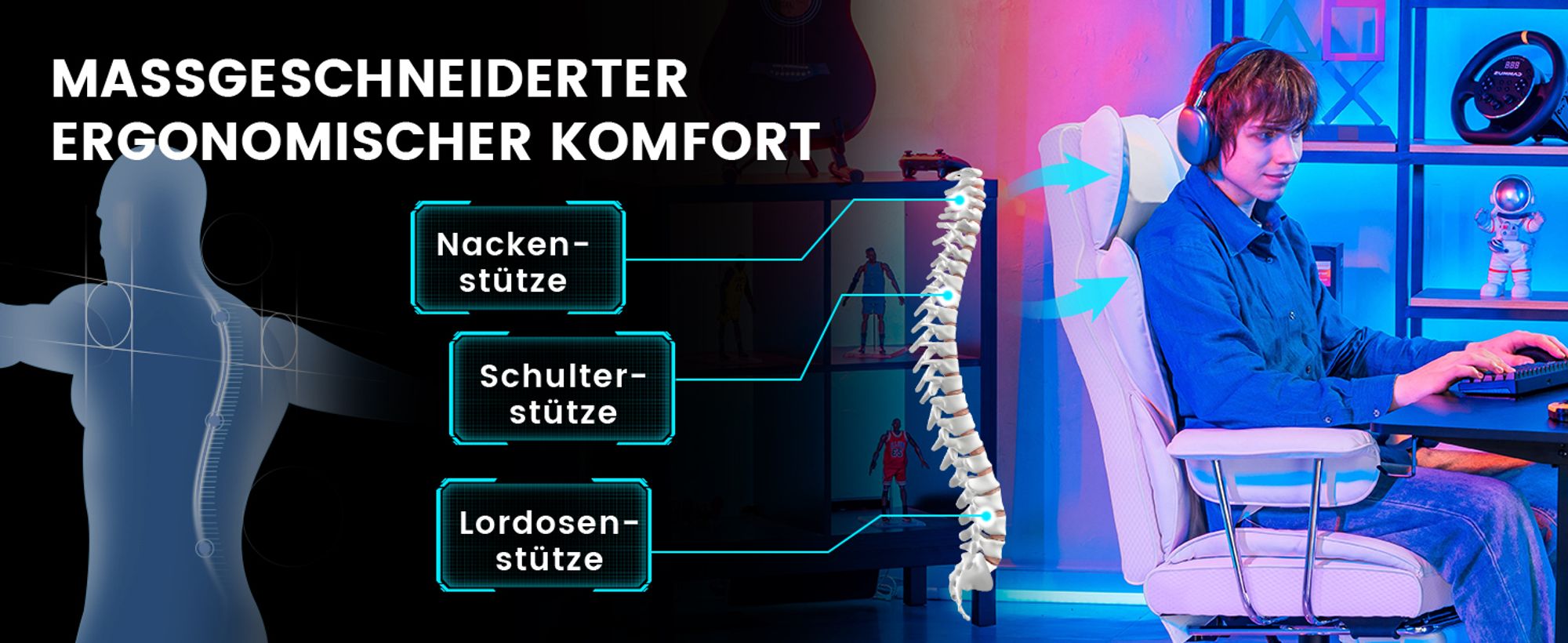 GTPLAYER Gaming Stuhl, Gamer Stuhl, Ergonomischer Bürostuhl mit Fußstütze verstellbare Lenden und Kopfkissen, Gaming Chair Gepolstert, Gaming Sessel