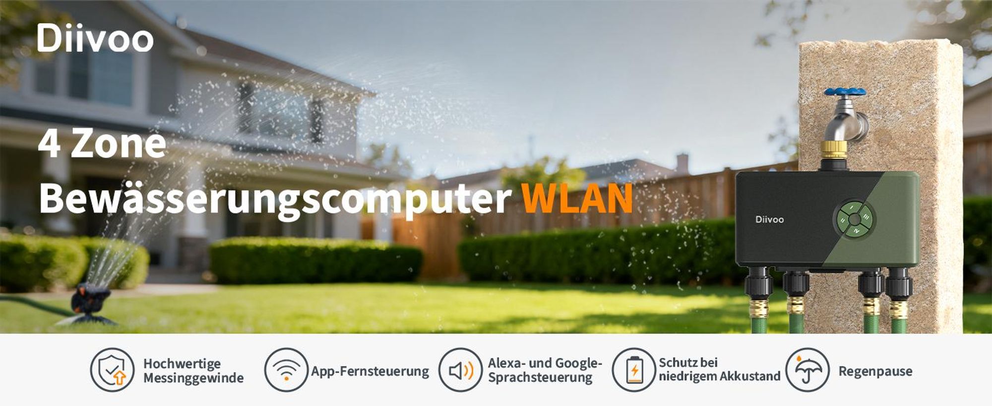 Diivoo Bewässerungscomputer 4 Ausgänge WLAN mit Smart Wasserzeitschaltuhr für Garten Rasen