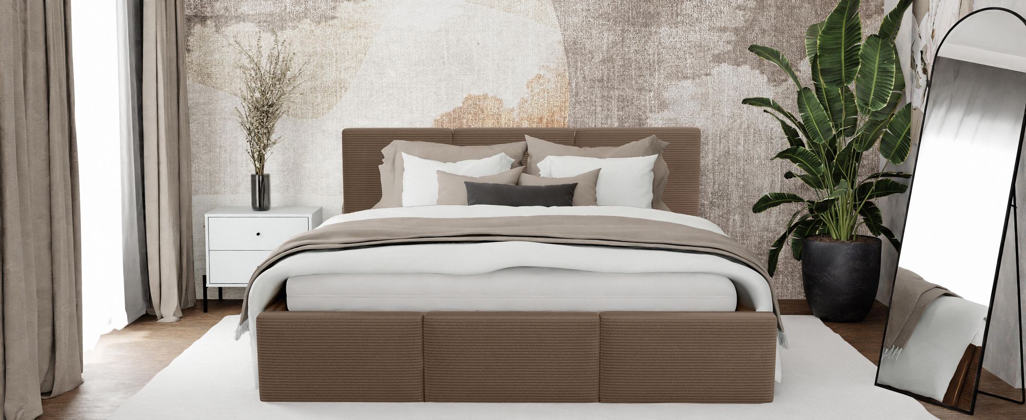 Muralo POLSTERBETT für Schlafzimmer Polsterbett mit Bettkasten und Gasdruckfeder Bett mit Polsterkopfteil Doppelbett 180x200 Braun CORD Stoff