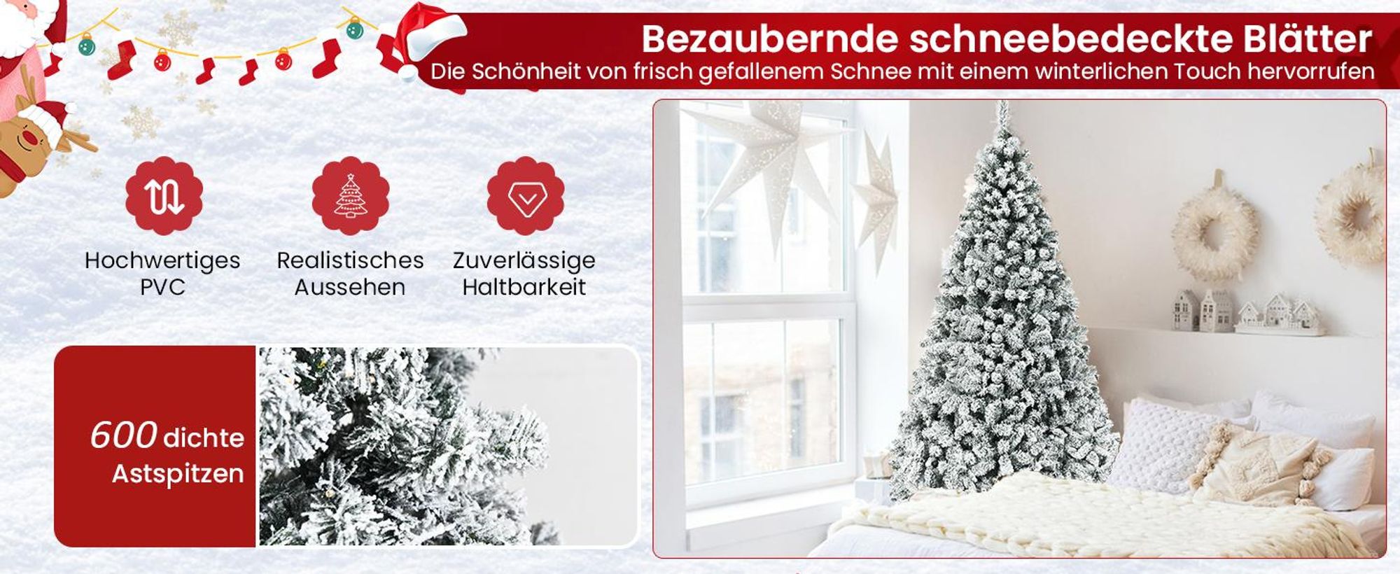 COSTWAY 180cm Künstlicher Weihnachtsbaum mit Schnee inkl. 600 Spitzen PVC Nadeln, 250 warmweiße LED-Leuchten & Metallständer, Tannenbaum, Christbaum, weiß