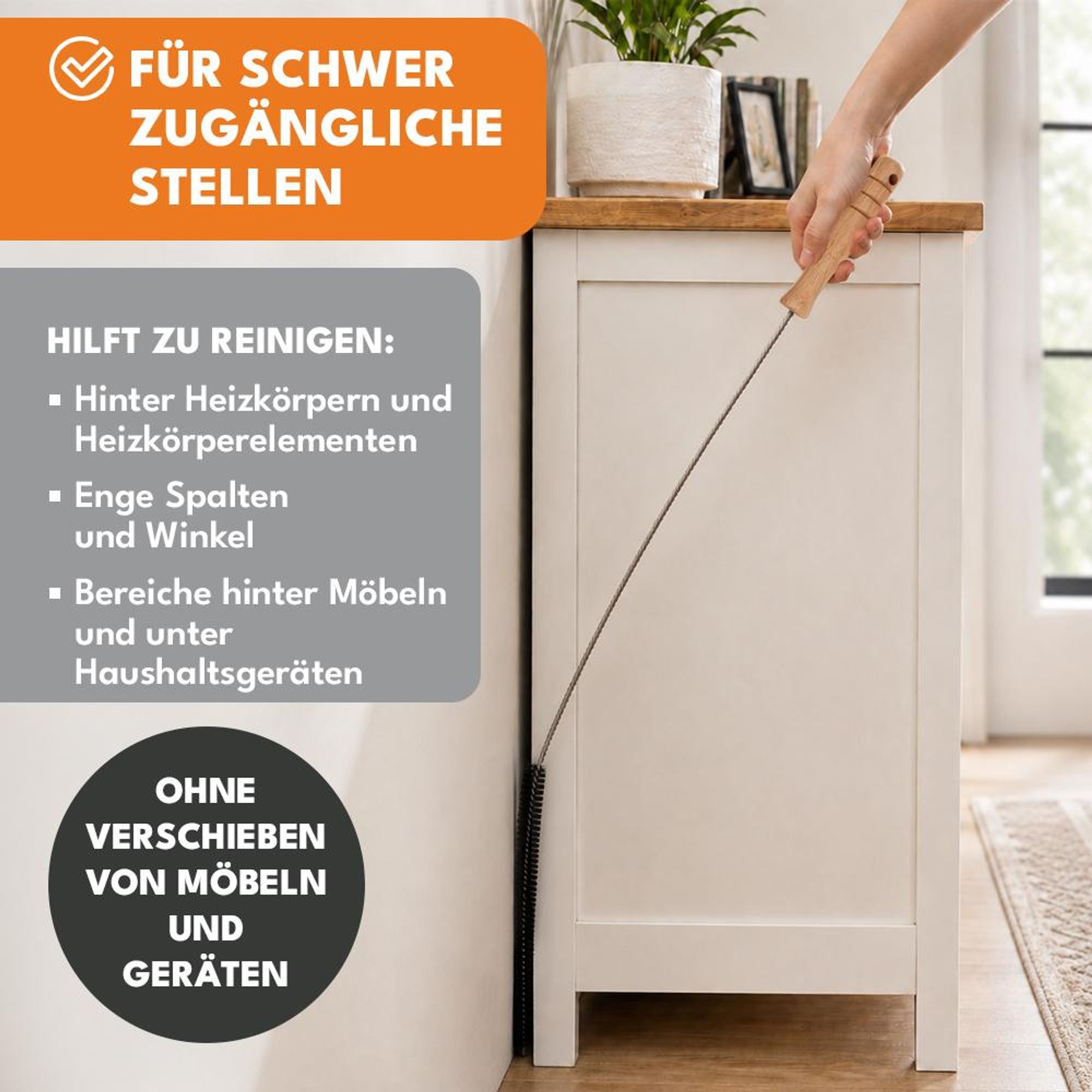 KRUMAD Heizkörperbürste 70 cm Lang, Flexible Heizungsbürste mit Holzgriff, Reinigungsbürste für Flachheizkörper Radiatoren