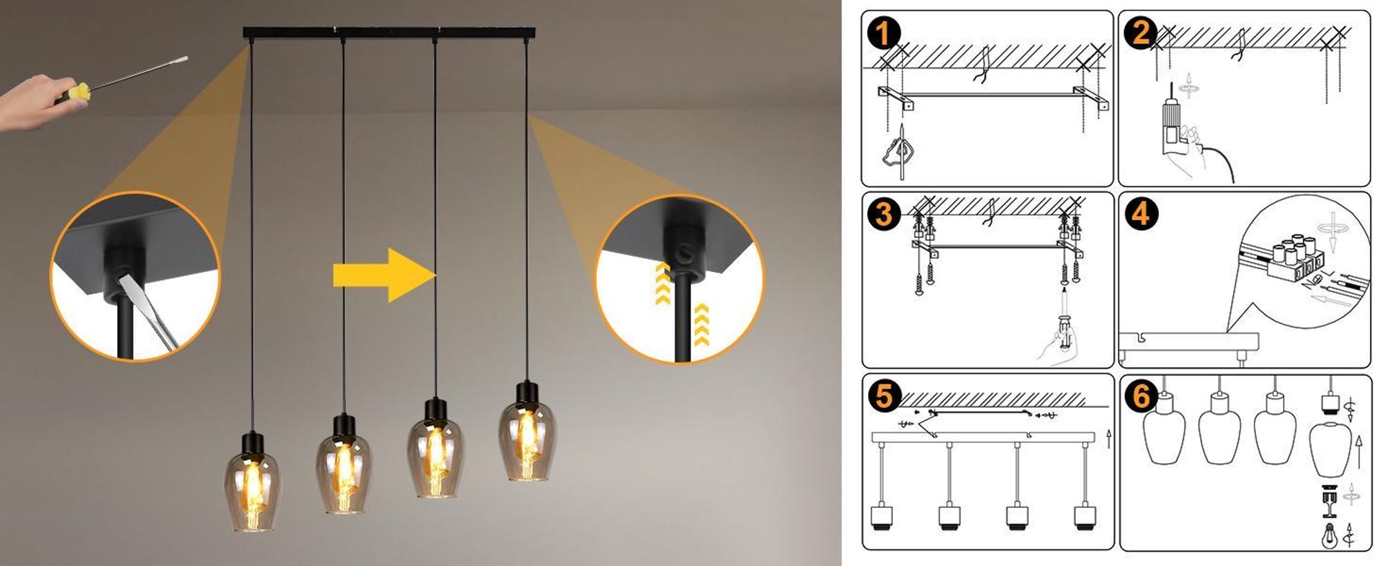 ZMH Pendelleuchte 4 Flammig Hängelampe Schwarz - Pendellampe E27 Vintage Hängeleuchte Glas für Esstisch Esszimmer Kücheninsel Hotel Wohnzimmer Ohne Lichtquelle
