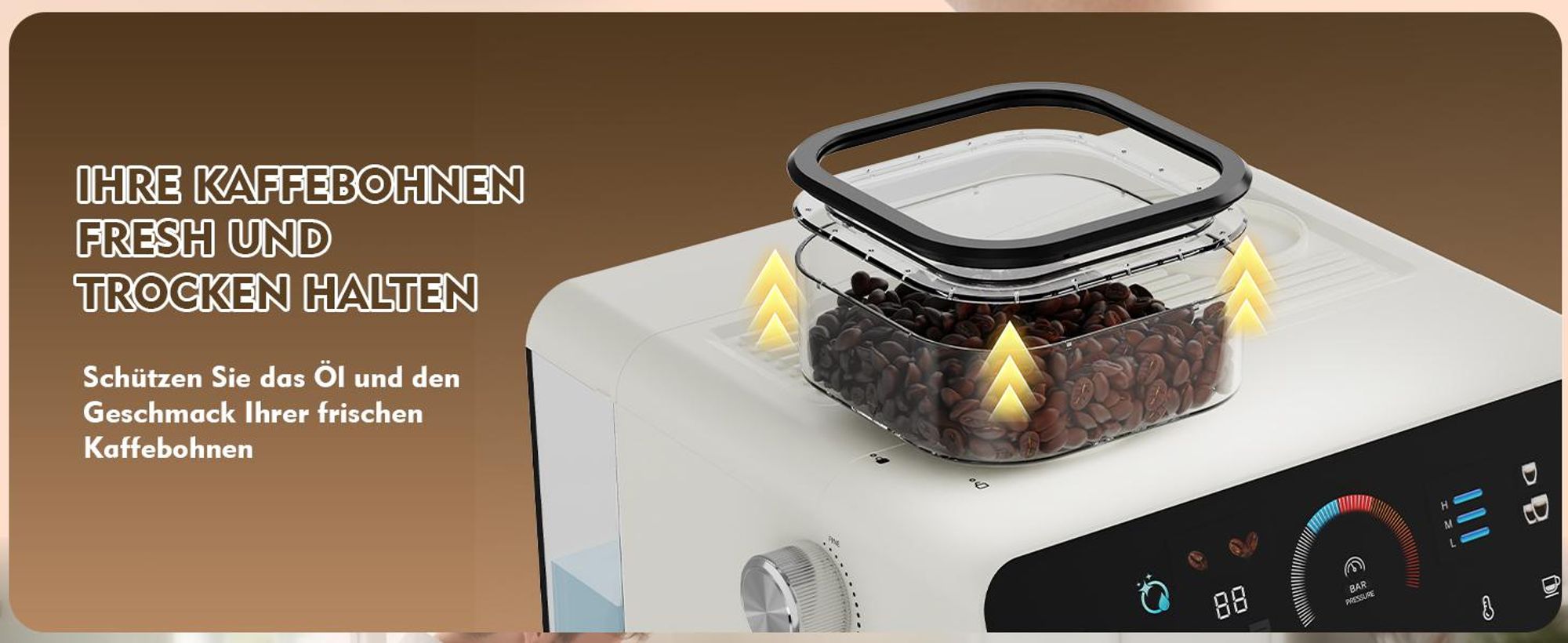 CHEFFANO Espressomaschine mit integriertem Mahlwerk, 20 Bar Pumpdruck, Milchaufschäumer für Cappuccino und Latte, 19 Mahlstufen und 2,8 L abnehmbarer