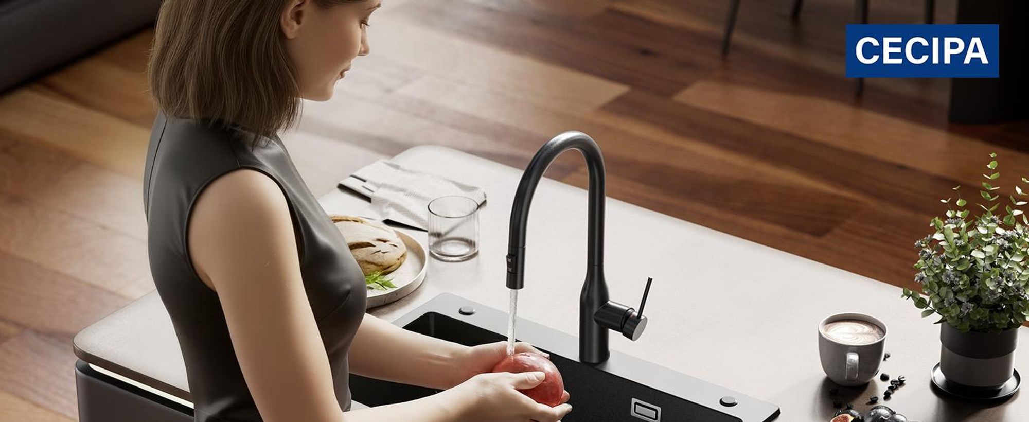 Küchenarmatur Edelstahl 304 Schwarz gebürstet Hochbogen mit 400mm Ausziehschlauch 360° drehbar 2 Wasserstrahlmodi metallfreier Wasserweg