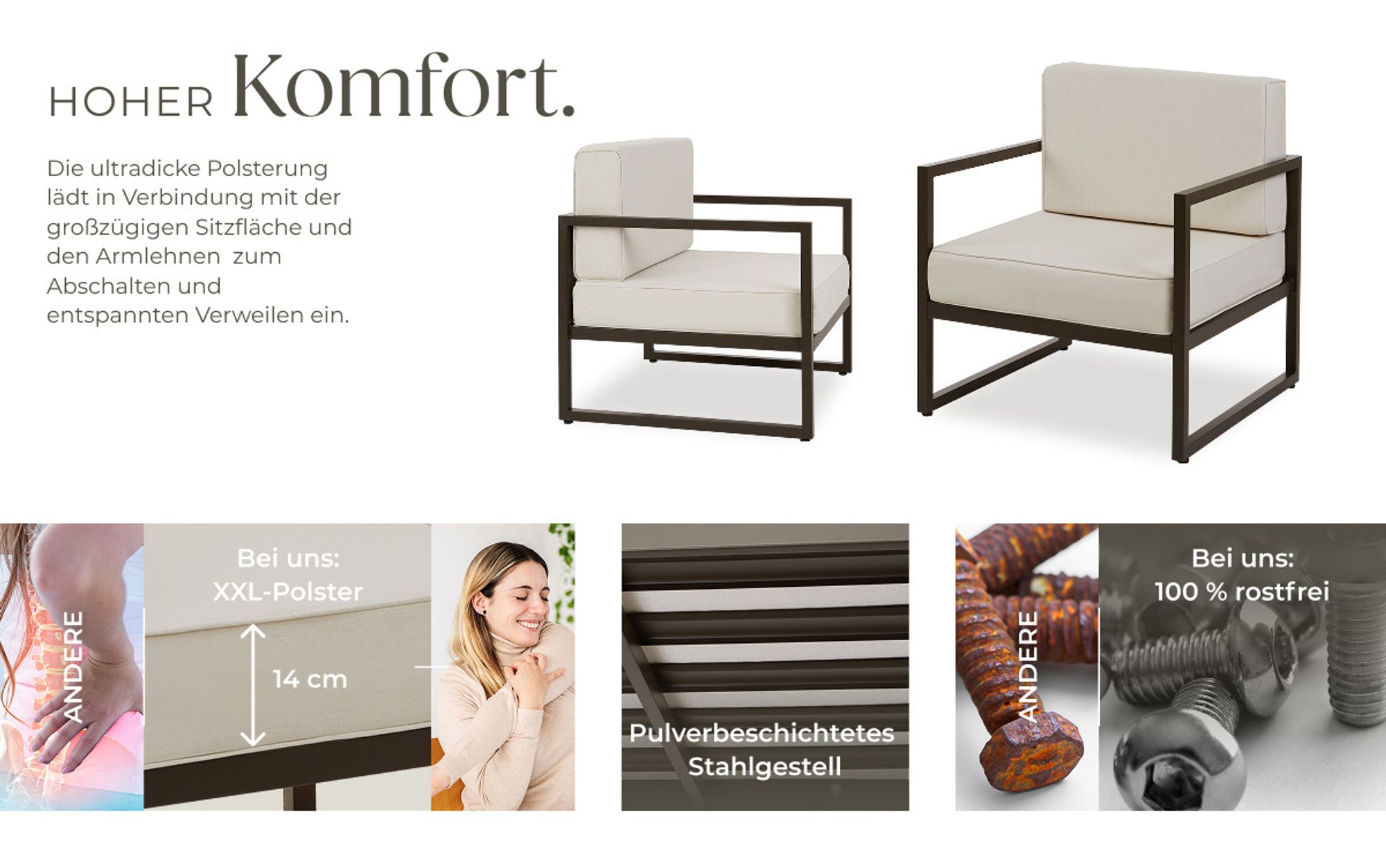 tectake® Garten-Loungesessel Comosa, XXL-Polsterung