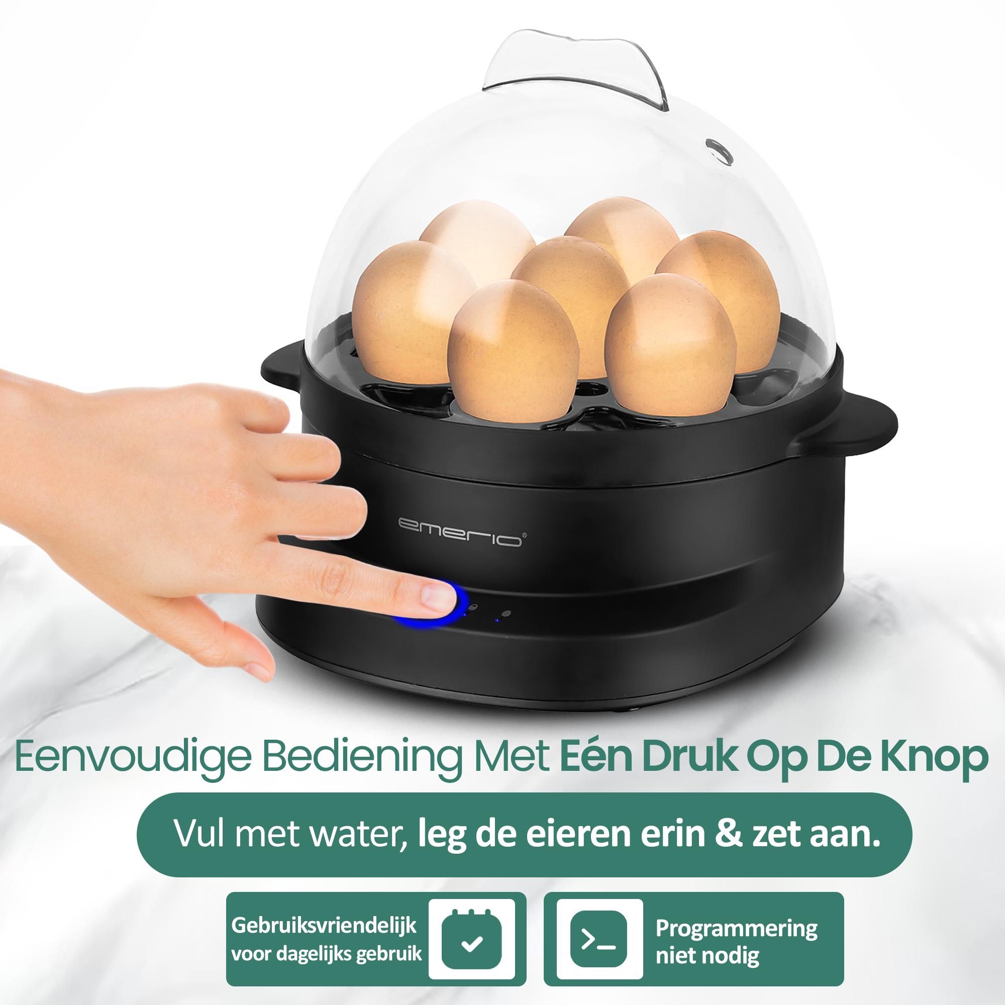 Emerio Eierkoker EB-131811.1 – 7 Eieren – 350 W – Meertalige Spraakfunctie – Automatische Uitschakeling – Zwart