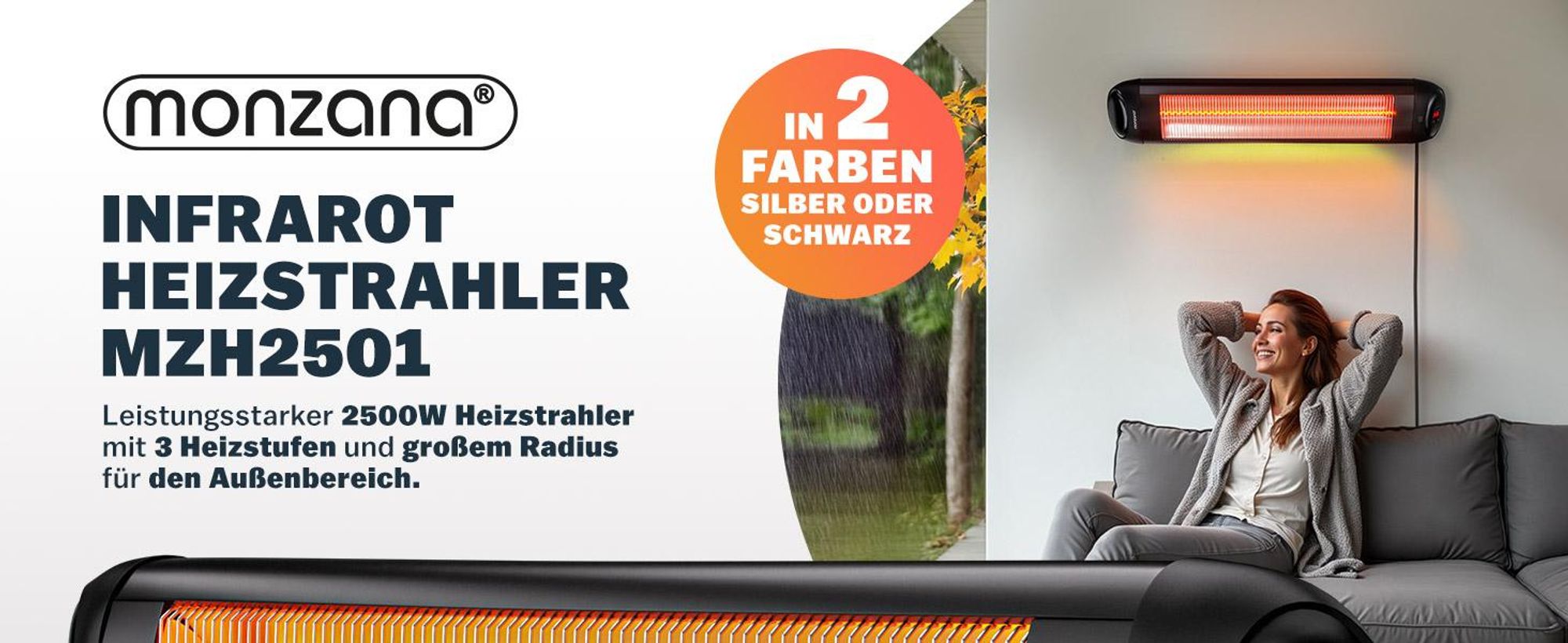 MONZANA® Infrarot Heizstrahler 2500W für Terrasse & Outdoor Silber