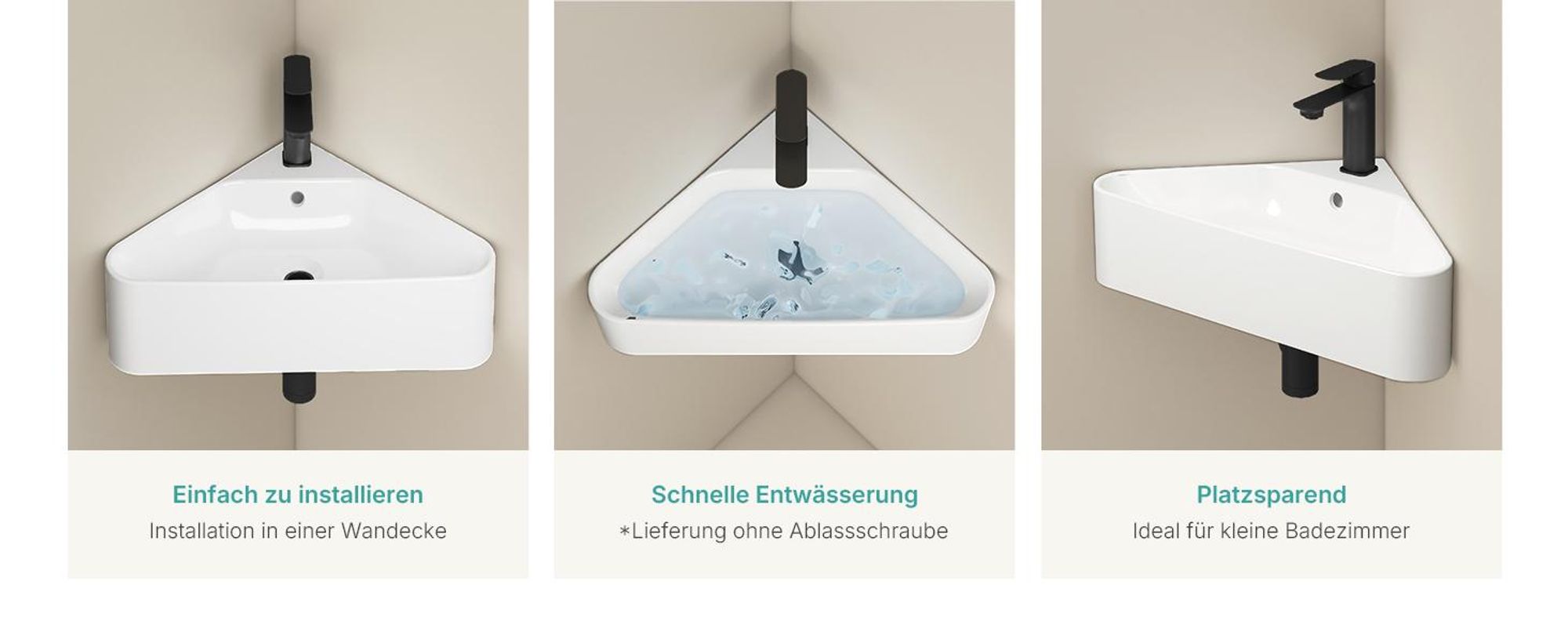 EMKE Eckwaschbecken Wandmontage Keramik 560x340mm Weiß Glänzend Dreieckig Wandwaschbecken mit Überlauf & Armaturloch für Gäste-WC & kleine Badezimmer