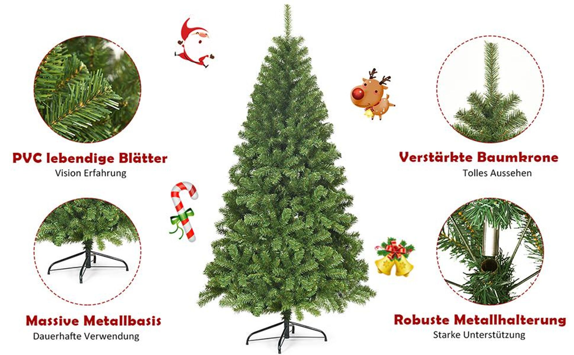 COSTWAY 180cm Künstlicher Weihnachtsbaum, Tannenbaum mit 928 Spitzen PVC Nadeln, Metallständer&Klappsystem, Christbaum, Kunstbaum Weihnachten Grün