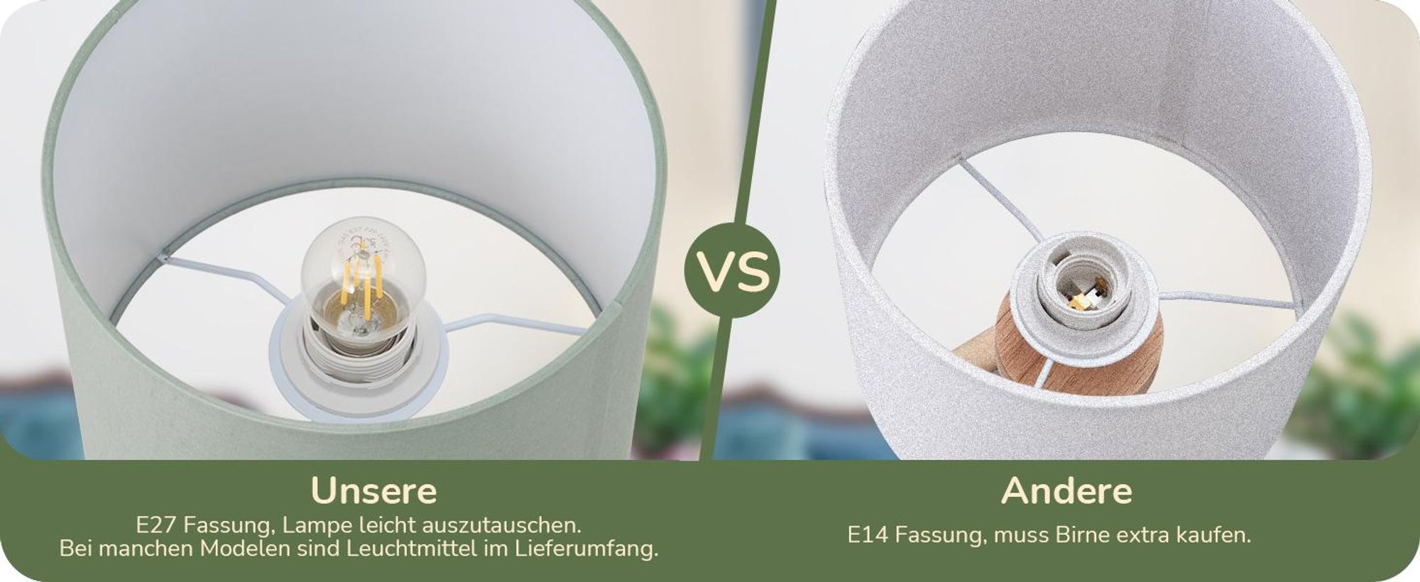 EDISHINE Tischlampe Holz,LED Nachttischlampe mit Glühbirne, E27 Tischleuchte mit Schirm, Grün