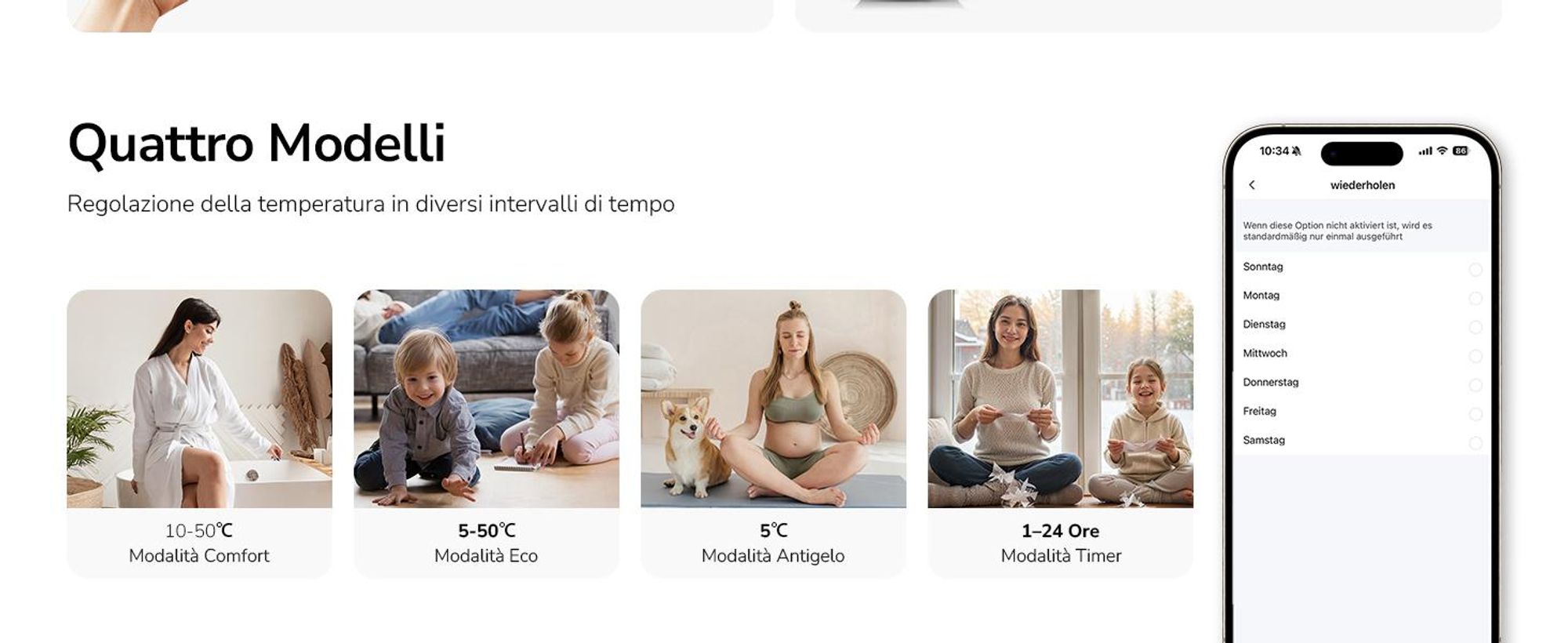 Riscaldatore convettore EMKE 2000 W con WiFi e app, radiatore elettrico a risparmio energetico, riscaldamento a parete e apparecchio a pavimento con rotelle, timer 24/7, bianco