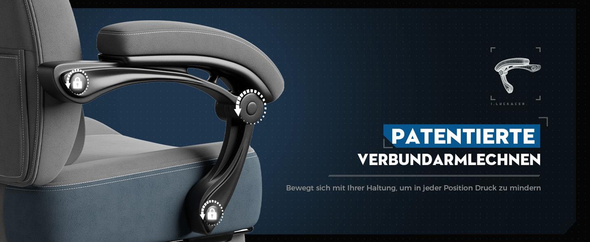 LUCKRACER Gaming Stuhl, Bürostuhl mit verbundenen Armlehnen, Memory-Schaum-Kissen, 90–155° Neigungswinkel und Fußstütze, strapazierfähigem Funktionsg