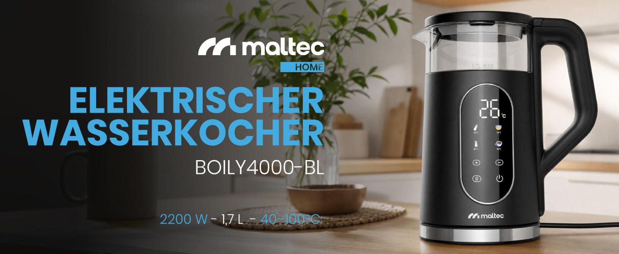 Wasserkocher mit Temperaturregelung 1,7 L Warmhaltefunktion 40–100°C 2200W Kalkfilter