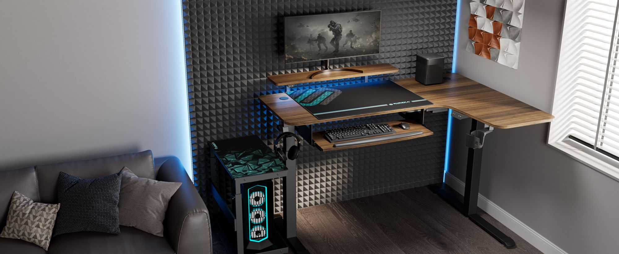 EUREKA ERGONOMIC Höhenverstellbarer Computertisch Elektrisch Schreibtisch 155x110cm Gaming Tisch mit Tastaturablage und Monitorständer