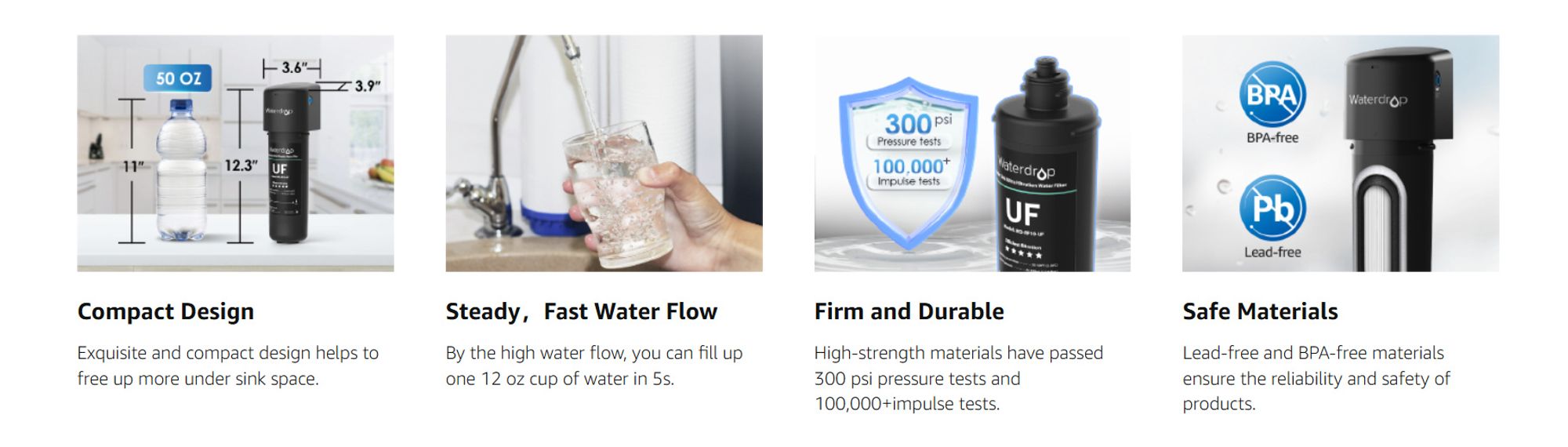 Waterdrop 10UB-UF Untertischwasserfilter zur Baçt-rienreduzierung, NSF/ANSI 42 , 0,01μm Ultrafiltration, mit Spezialhahn
