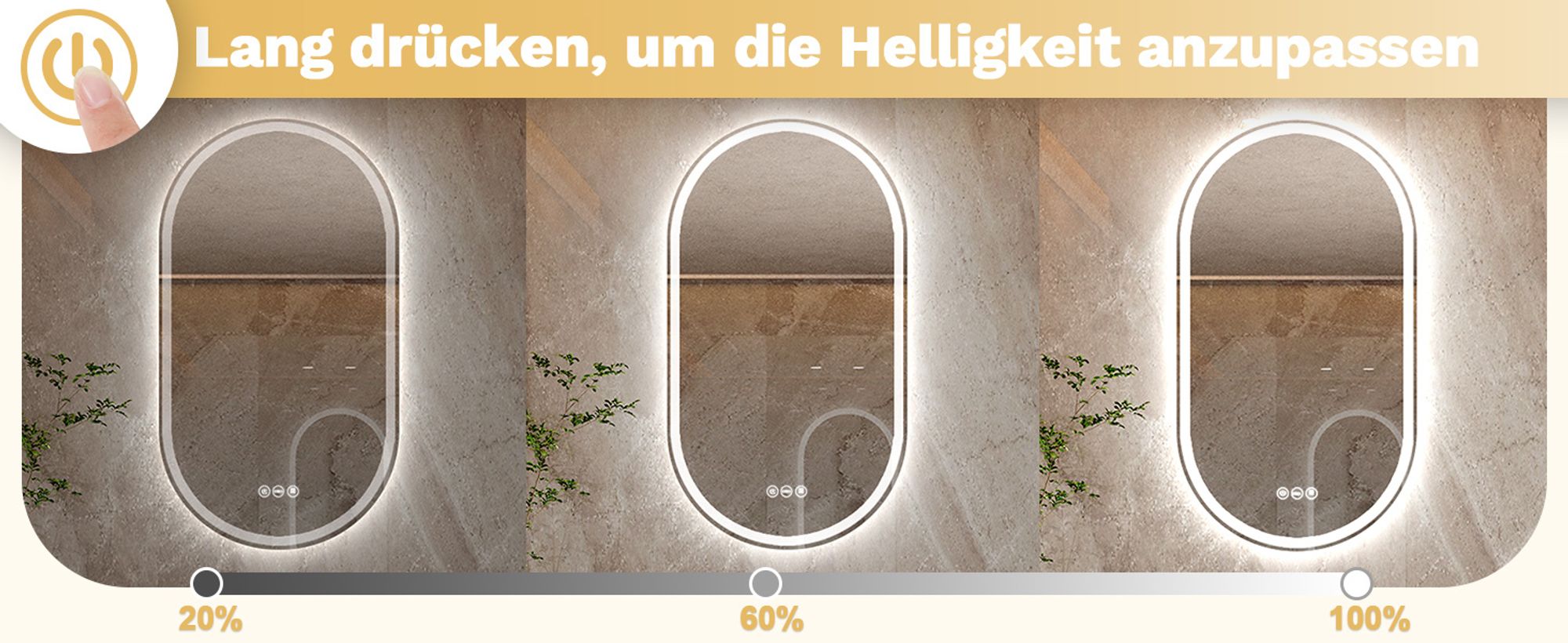 Badspiegel groß mit Beleuchtung, LED Knopfschalter, Antibeschlag, Oval Design