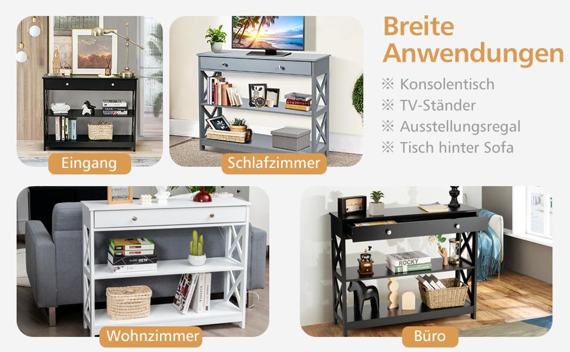 COSTWAY 3 Ebenen Konsolentisch mit Schublade, Flurtisch Holz, Standregal, Beistelltisch, Sofatisch, Flur, Wohnzimmer, 100 x 30 x 80 cm Schwarz