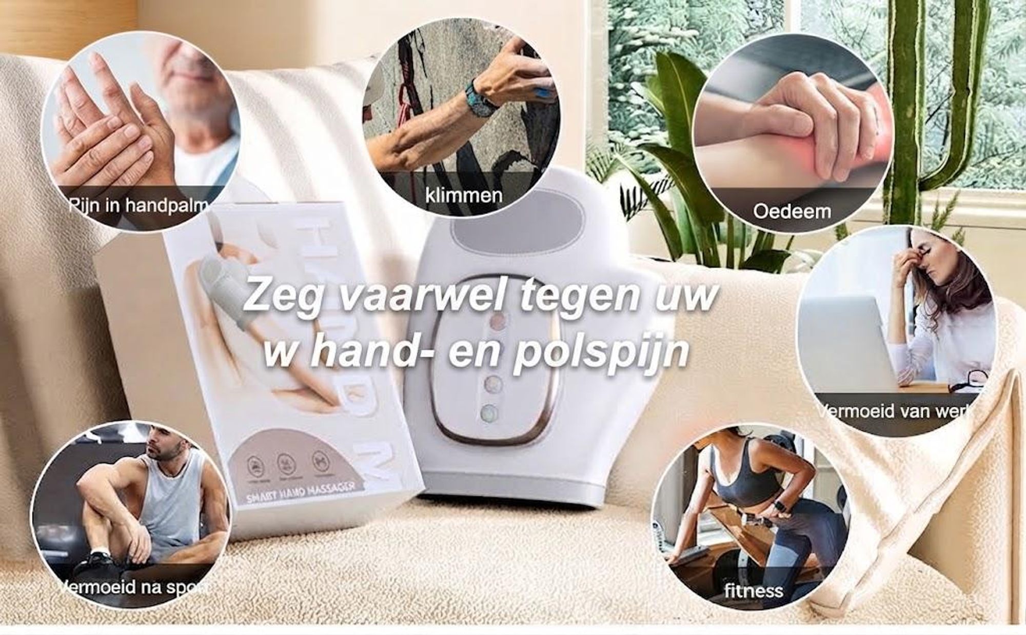 Intelligente handmassageapparaat met warmte- en compressiefunctie. 3 massageprogramma's, 4 temperatuurinstellingen, 5 compressiemodi. Therapeutisch