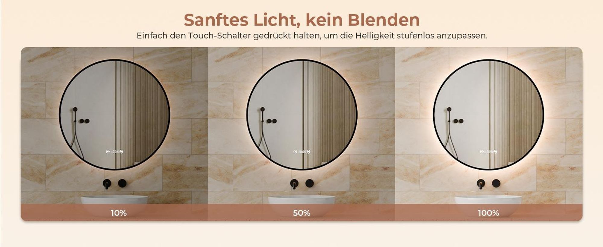 S'AFIELINA Badspiegel mit Beleuchtung Rund 80 cm Diameter,LED Badspiegel mit Touch, Beschlagfrei, Dimmbar, Uhr, Temperatur, Speicherfunktion,Schwarzer