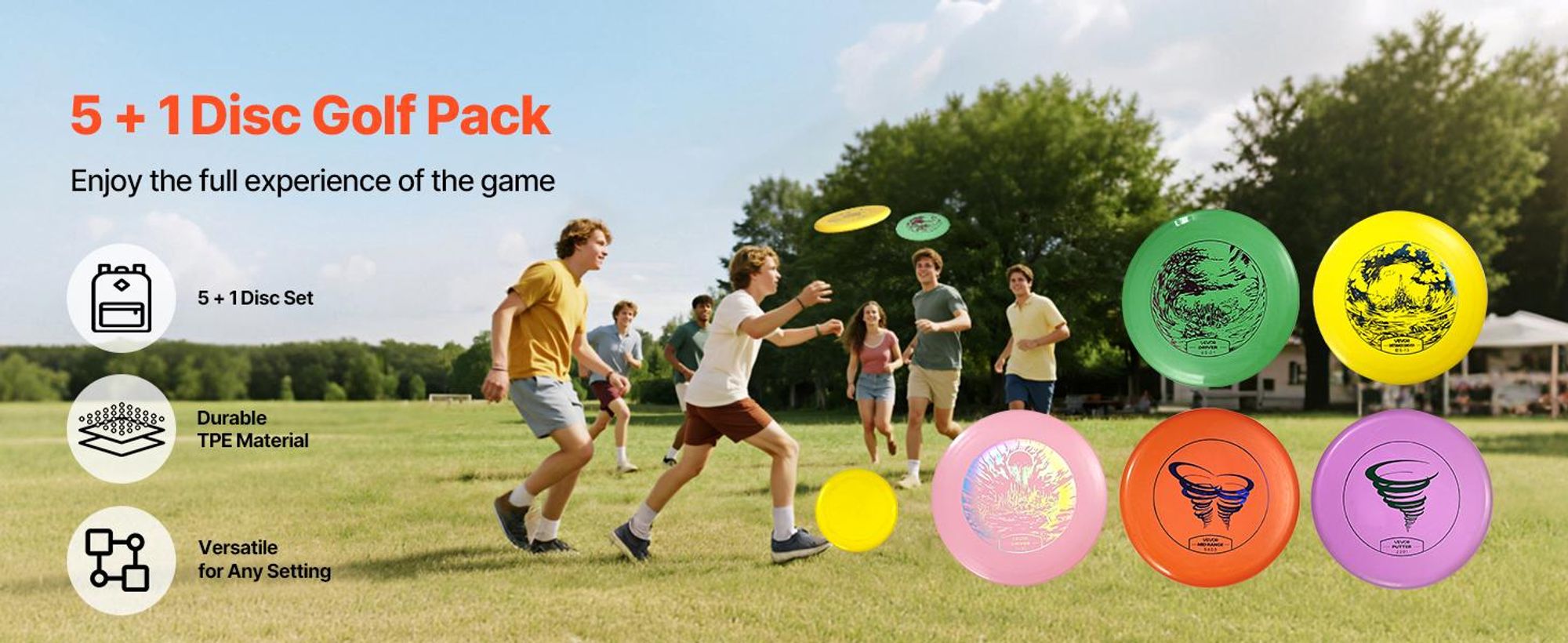VEVOR Disc Golf Set, 6 PCS Fliegende Scheiben für Anfänger, Disc Golf Starter Set, mit Putter, Mid-Range, Driver, einschließlich Mini Marker, tragbarem Rucksack, für Outdoor, Garten, Rasen, Strand und Park, 5 PCS
