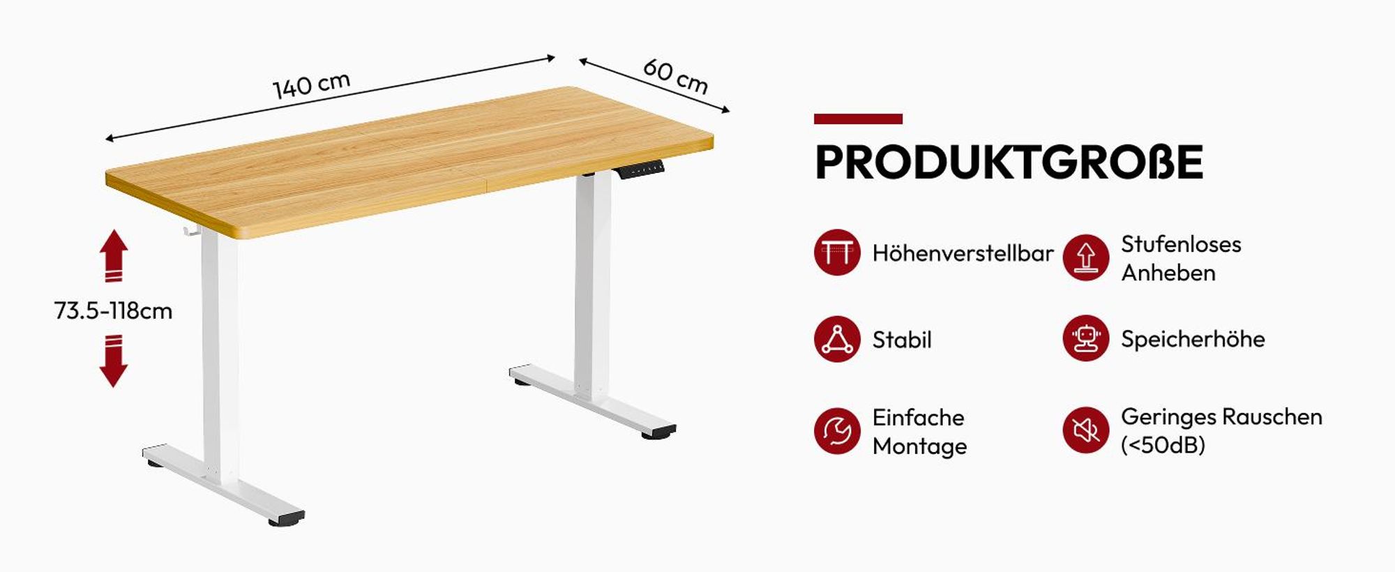 SANODESK Höhenverstellbarer Schreibtisch Upgrade 140×60cm 4 Memory-Funktion Becherhalter, Haken, Kabelmanagement 70kg Tragkraft Kollisionsschutz Ahorn