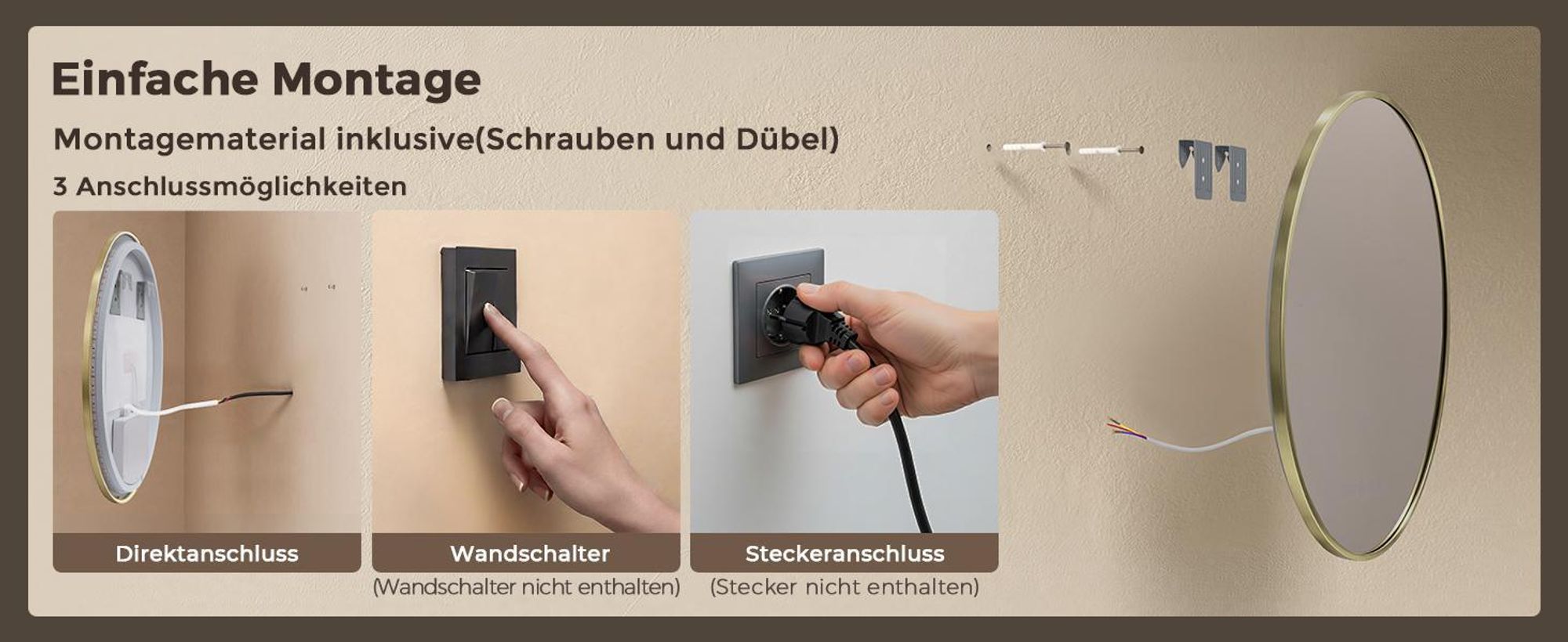 S'AFIELINA LED Badezimmerspiegel Rund Ø70 cm, Goldener Rahmen, 3 Lichtfarben, stufenlos dimmbar, Antibeschlag, Uhr & Temperaturanzeige, Memory