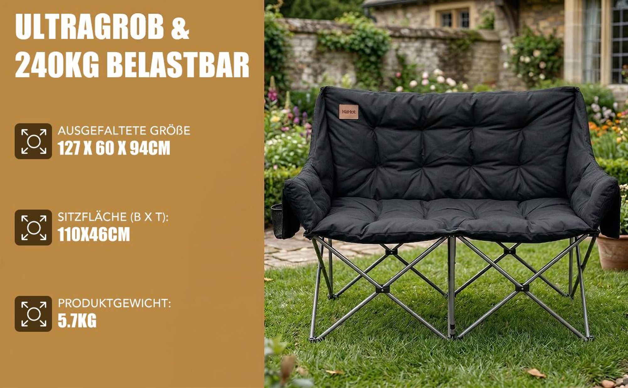 Kehot Klappbare Outdoor-Couch, Doppelsitzer mit Tragetasche, 600D Oxford, bis240 kg