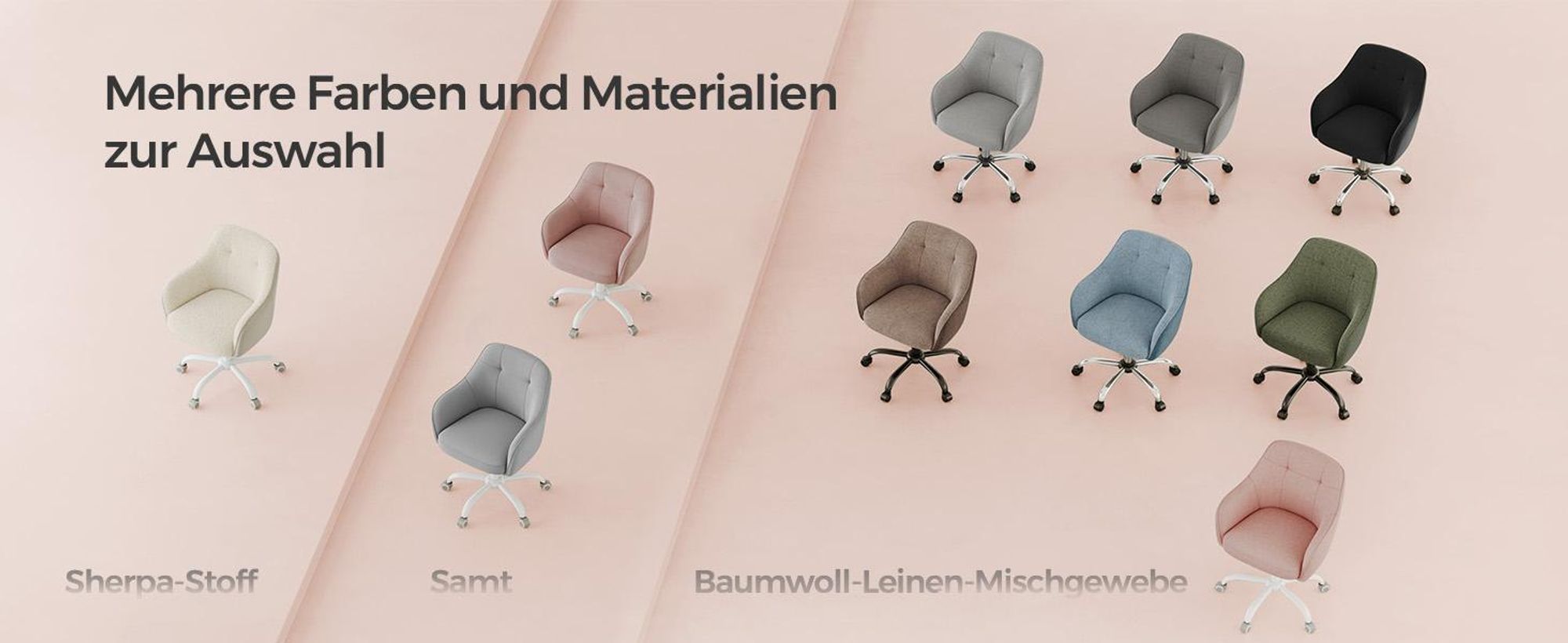 SONGMICS Schreibtischstuhl, höhenverstellbar, Samt, pastellrosa