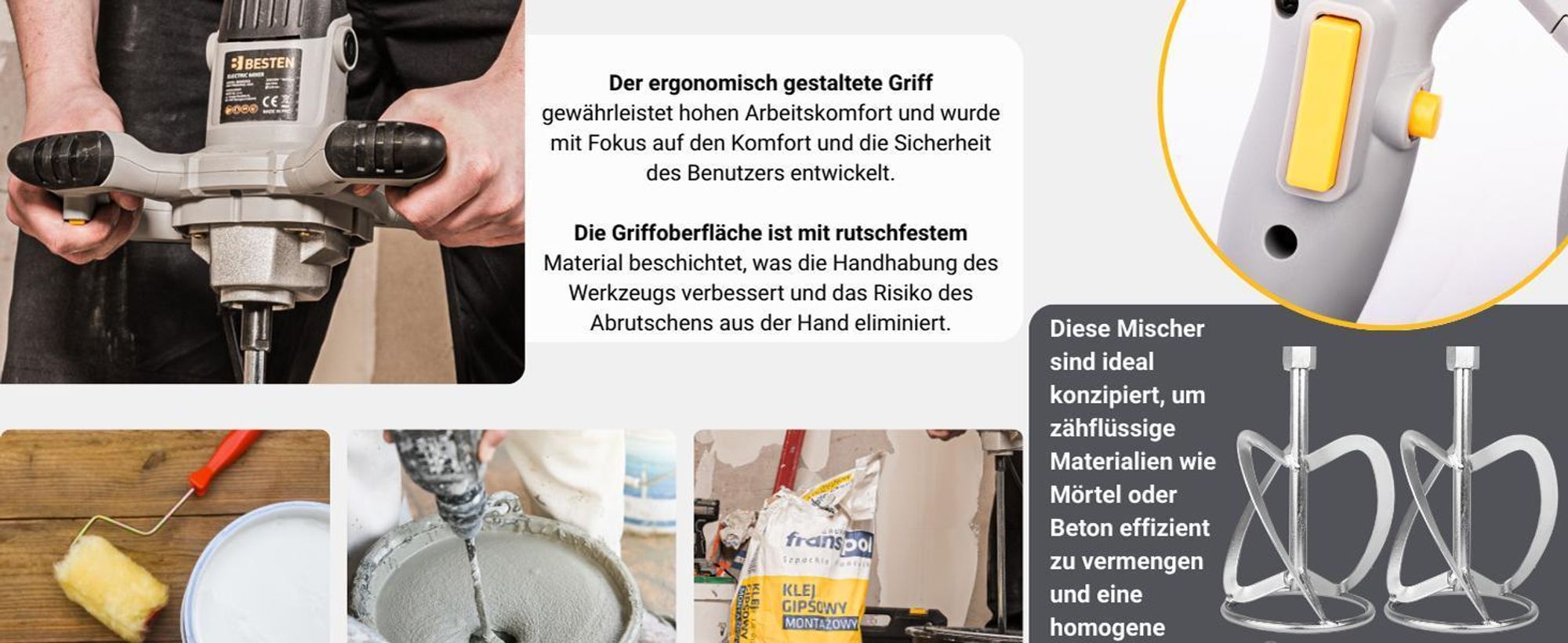 Mischer für Kleber Beton Mörtel Gips elektrisch Betonmischer 1400W +2 Rührwerke