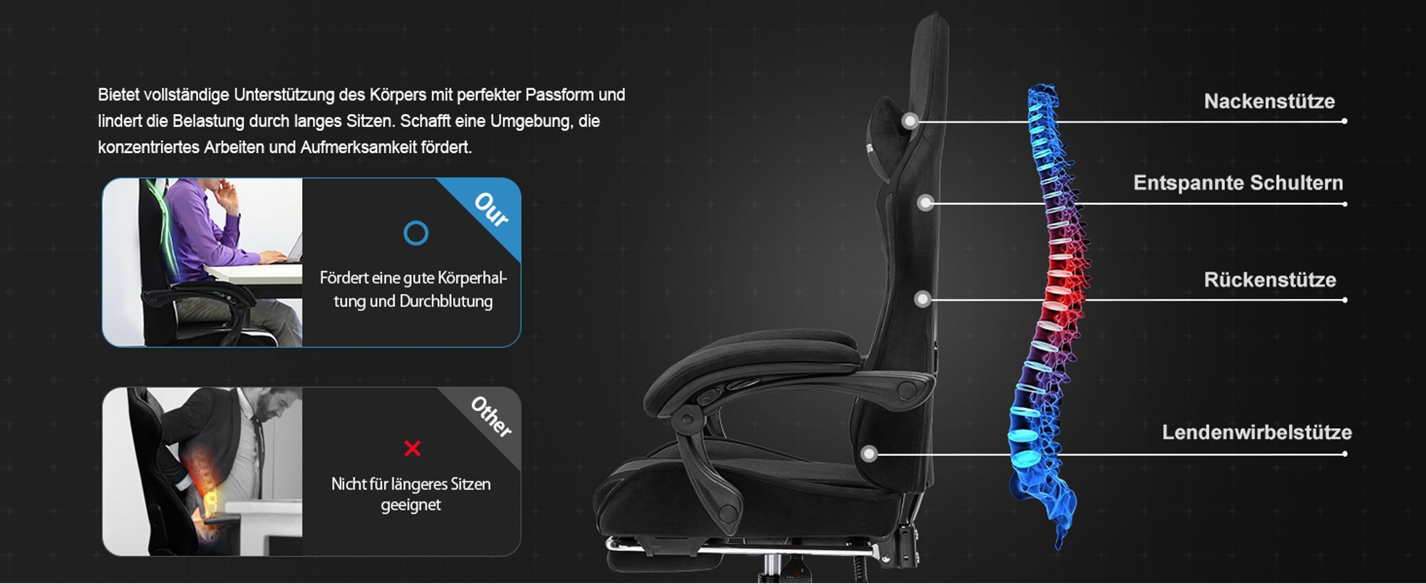GTPLAYER Bürostuhl Gaming Stuhl Stoff Gaming Sessel Ergonomischer Gamer Stuhl mit Fußstütze, Kopfstütze Lendenkissen, Gepolstert Gaming Chair, schwarz