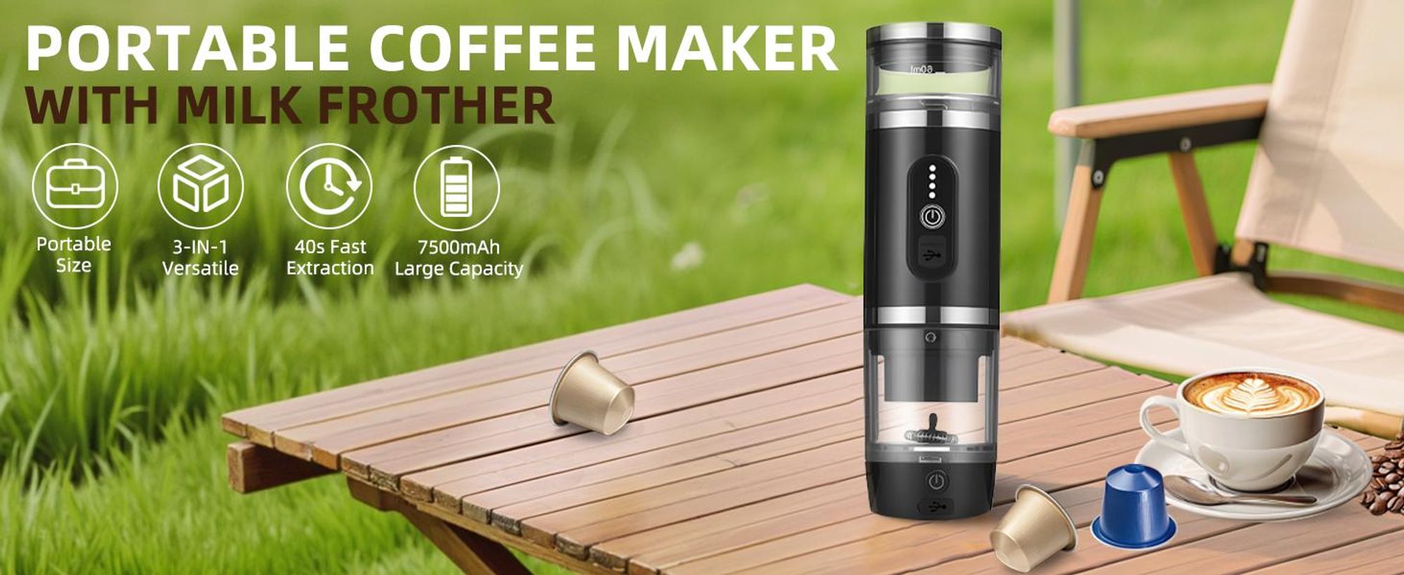 Tragbare Kaffeemaschine mit Milchaufschäumer 3-in-1, 20 Bar Espressomaschine, 93°C Selbsterhitzend, 7500mAh Akku, Ideal für Camping, Auto & Reisen