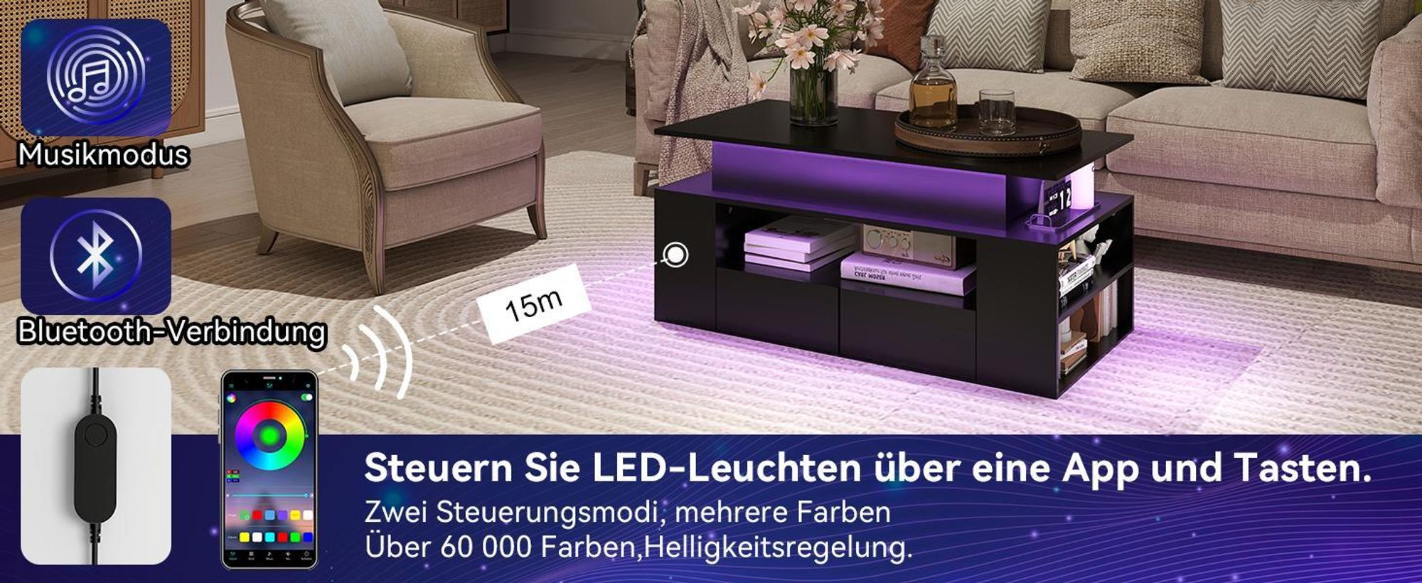 Puluomis Couchtisch mit Schublade, Abhebbarer Tischplatte, RGB Lichtleiste mit App Steuerung Kaffeetisch Schreibtisch Sofatisch für Wohnzimmer schwarz