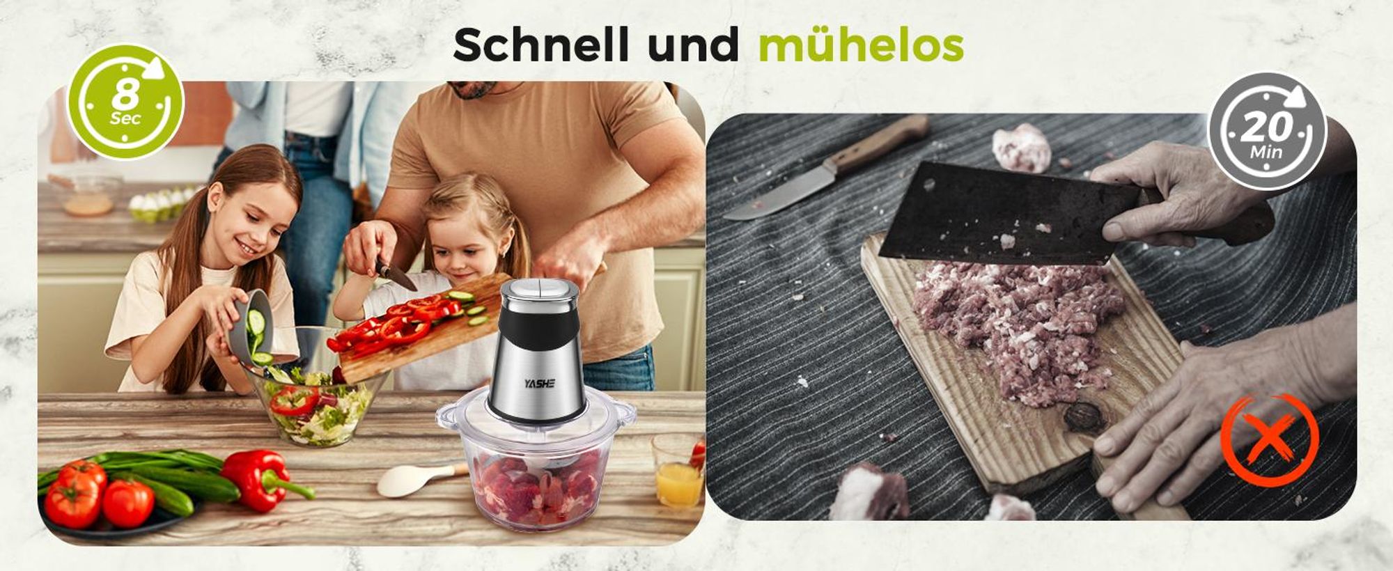 YASHE Zerkleinerer BM-217A, 500 W, 2 Schüsseln, 2 Stufen