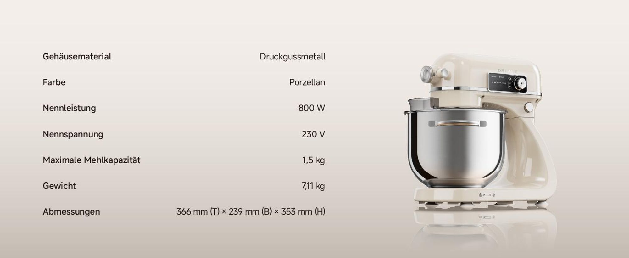 Dreame MX60 Standmixer mit patentiertem Doppelteighaken,leisem 800W,Intelligent Digitalanzeige,12 Geschwindigkeitsstufen,6-Liter Rührschüssel,creme